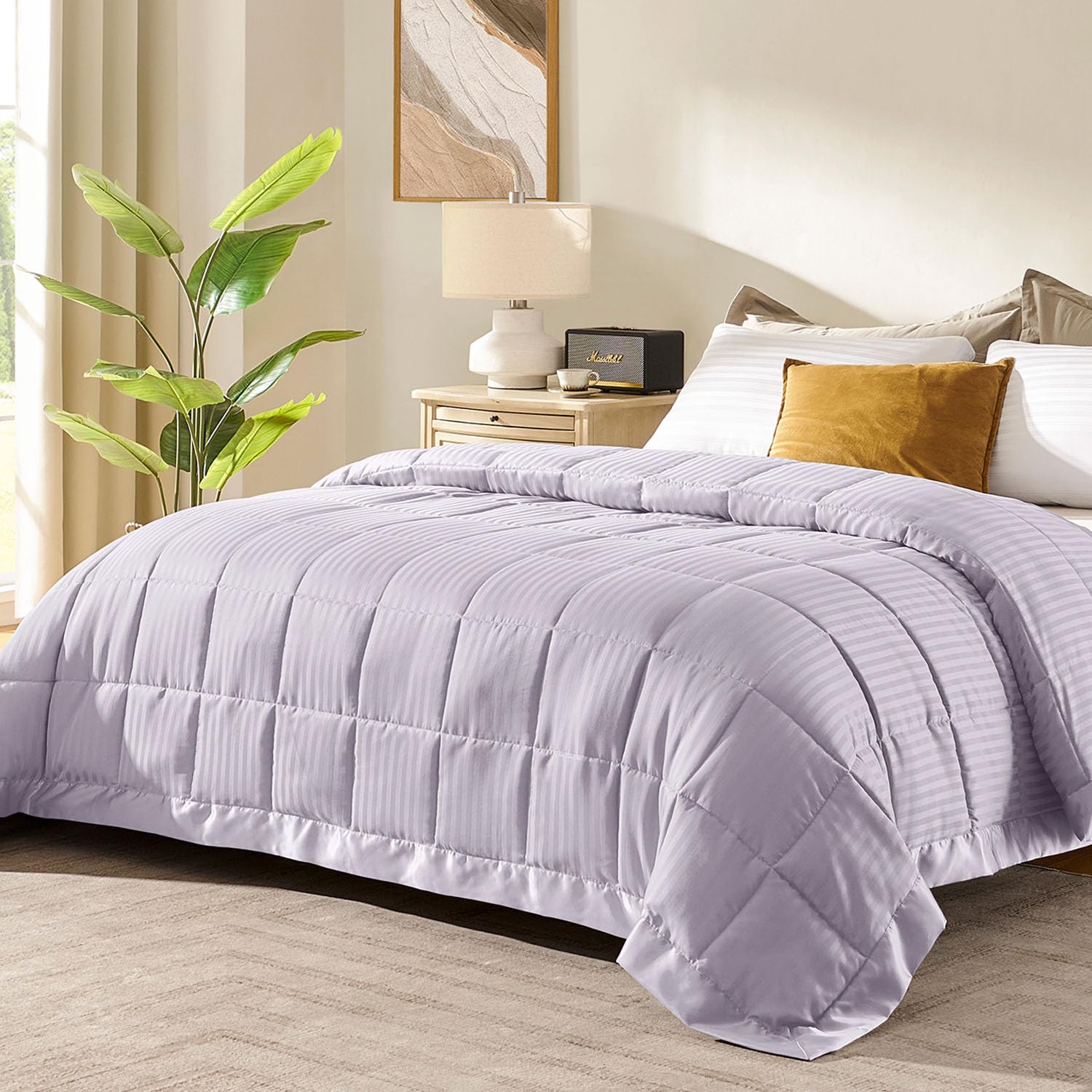 Downluxe King Size Blanket With Satin Trim, Lightweight Down Alternative King Blanket For All Season, Machine Washable (Lilac, 90X108 Inch)