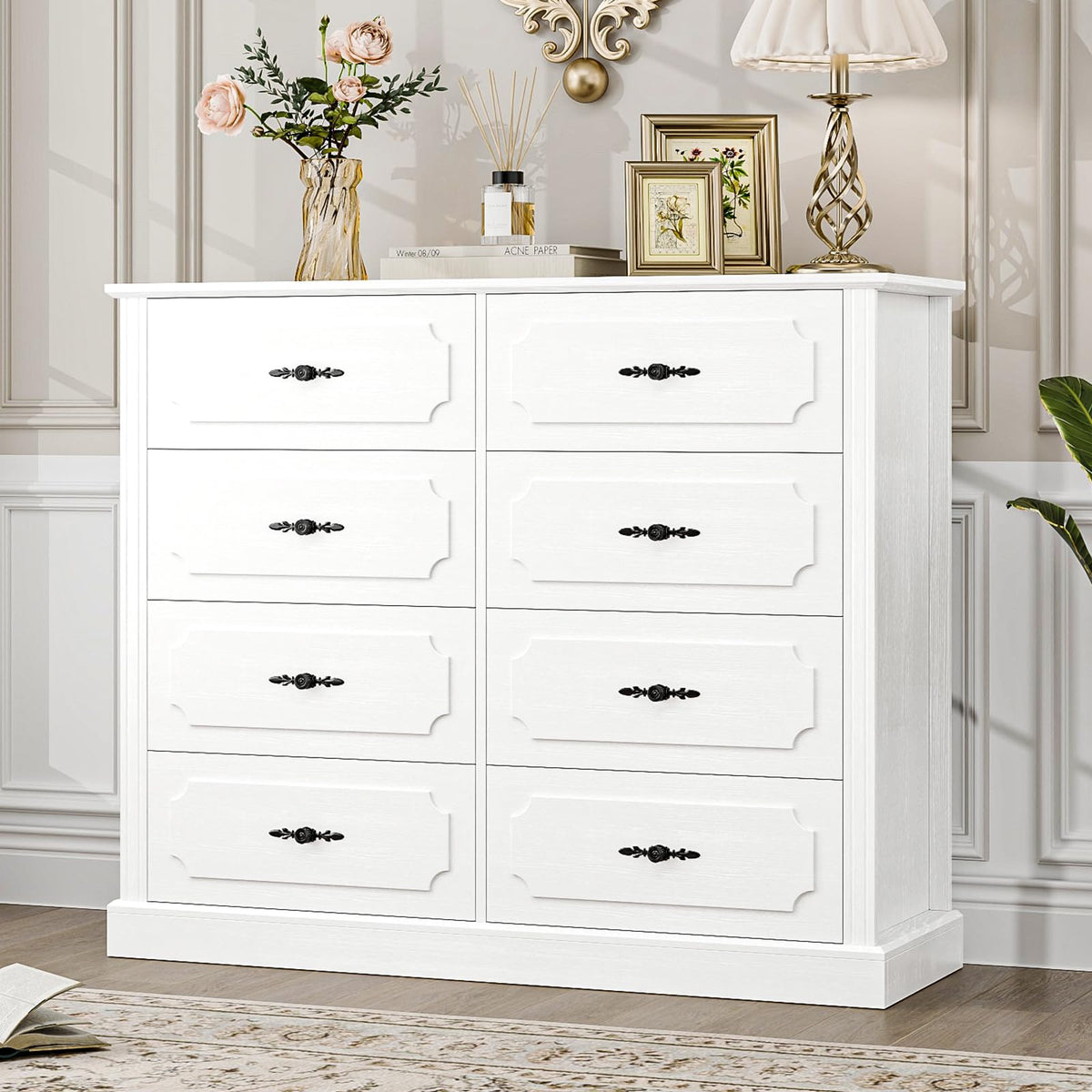 Finetones White Dresser Chest Of Drawers, 47.2“ Wood Dresser 8 Drawer Dresser With Steel Handles, Modern Dresser Drawers Floor Storage Cabinet For Living Room Hallway Office
