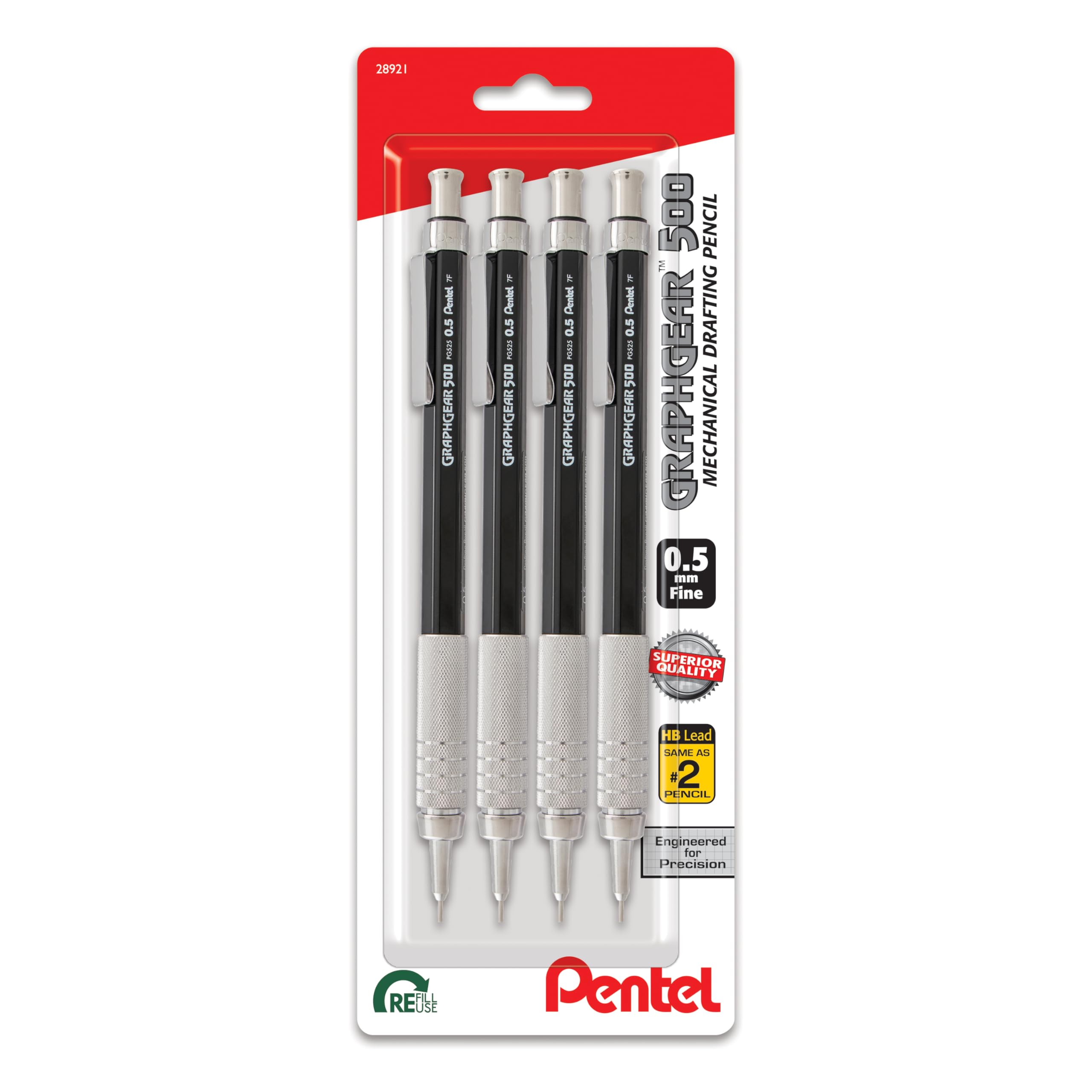 Pentel Graphgear 500 Mechanical Drafting Pencil, (0.5Mm), Fine Line, Black Barrel, Pack Of 4 (Pg525Bp4A)