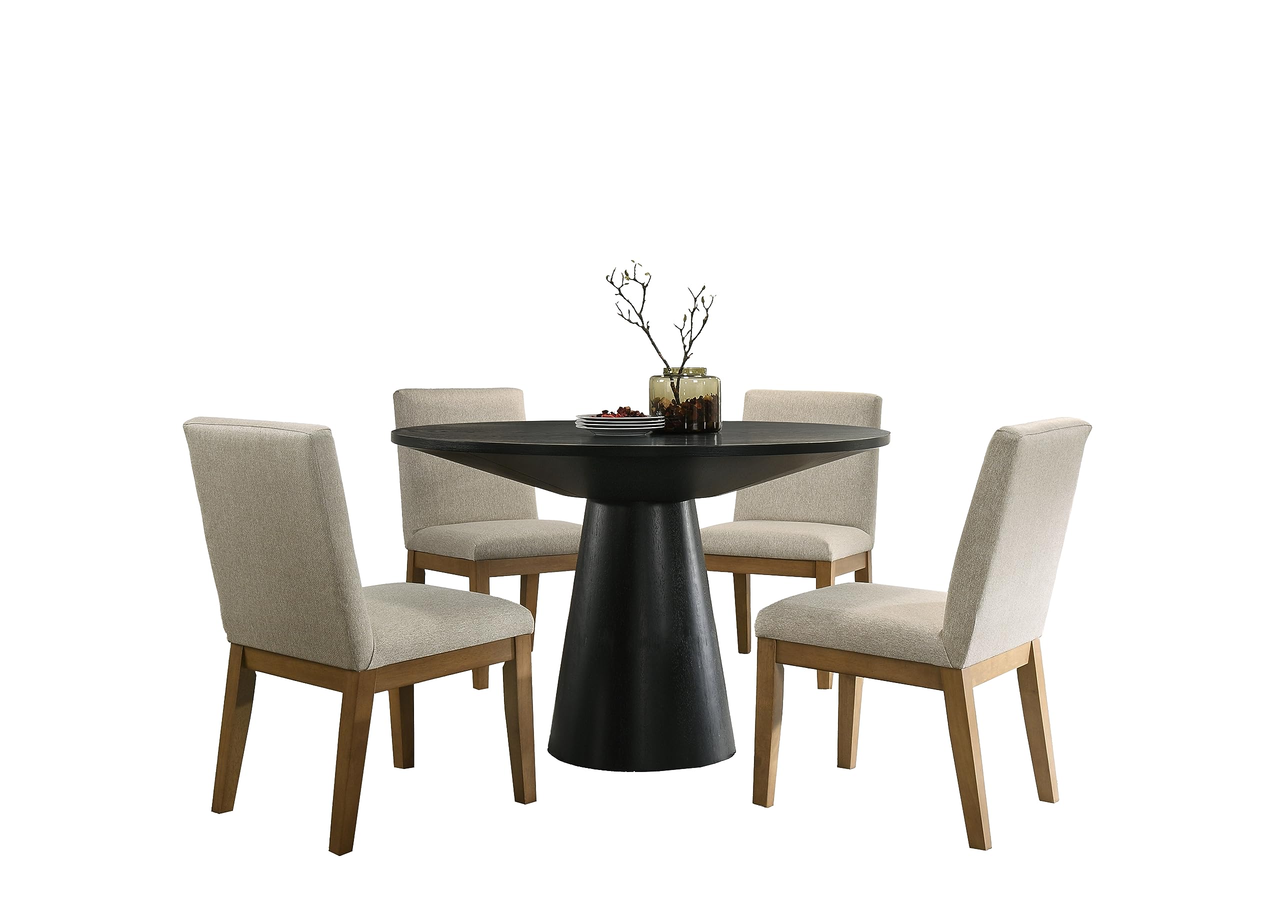 LILOLA LIVING Jasper Driftwood Finish 5 Piece 47&quot; W Contemporary Round Dining Table Set with Beige Fabric Chairs