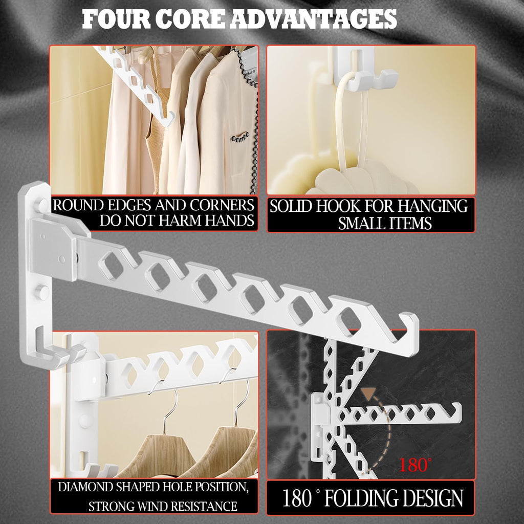 Dr.Dj Wall Mount Coat Hanger Holder White Clothes Drying Organizer Rack Garment Hooks Aluminium Retractable Folding Indoor Wall