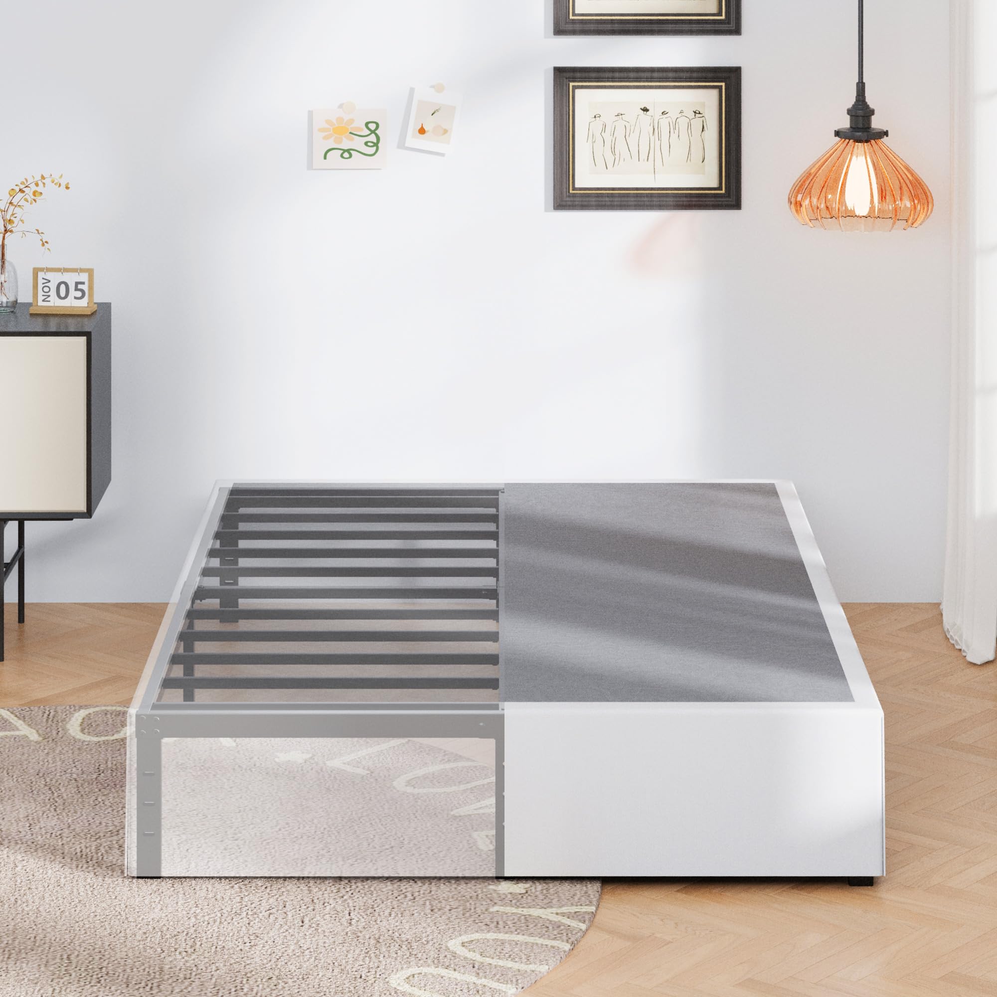Upcanso 16 Inch Cal King Bed Frame With White Skirt Cover, Metal California King Bed Frames With Storage, No Box Spring Needed, Heavy Duty, Easy Assembly, Noise Free, Mattress Foundation