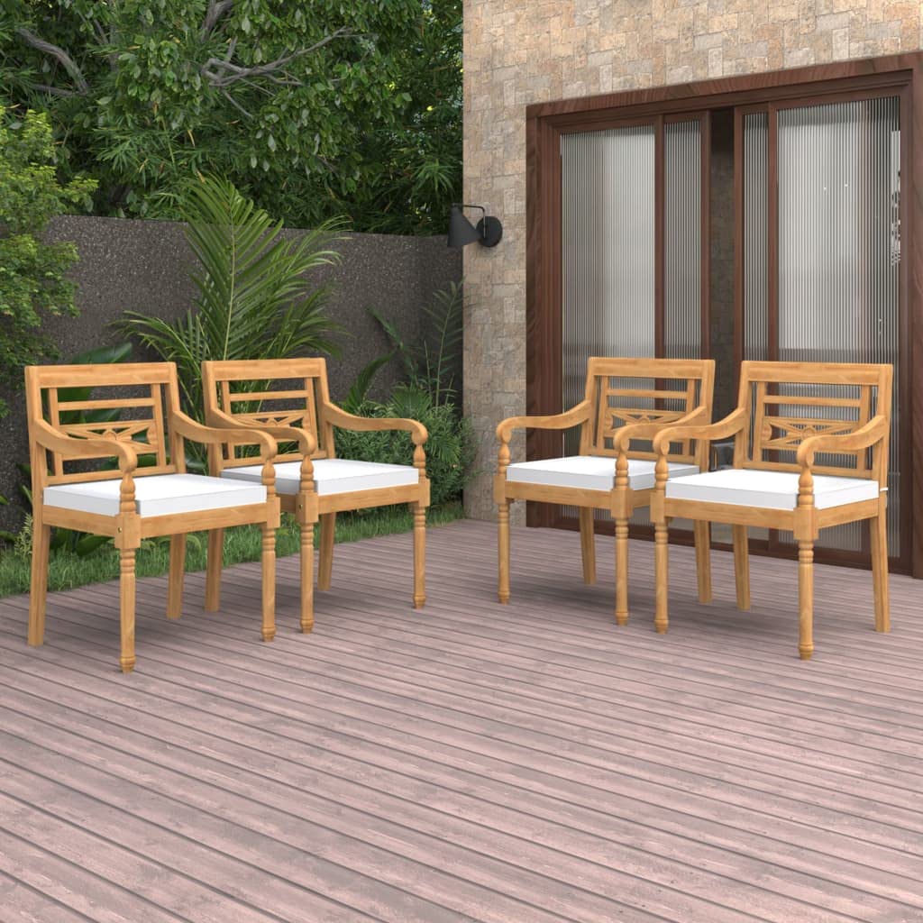 vidaXL Batavia Chairs Set of 4, Solid Teak Wood, Elegant Patio Furniture with Cream Cushions, Decorative Carved Design, Retro Styled, Outdoor Seating
