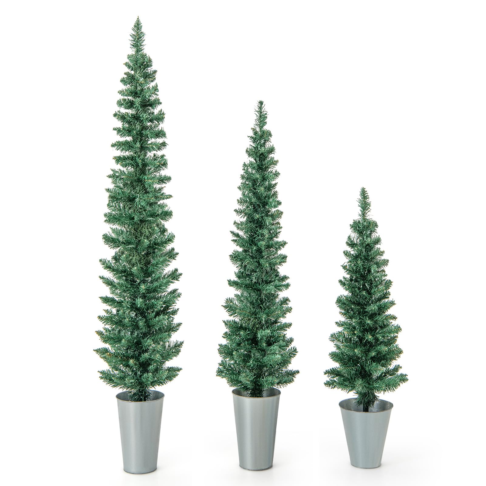 GOFLAME Set of 3 Potted Christmas Tree, 3 4 5 Slim Pencil Trees with 120, 140, 160 Branch Tips & Cement-Filled Metal Bases, Arti