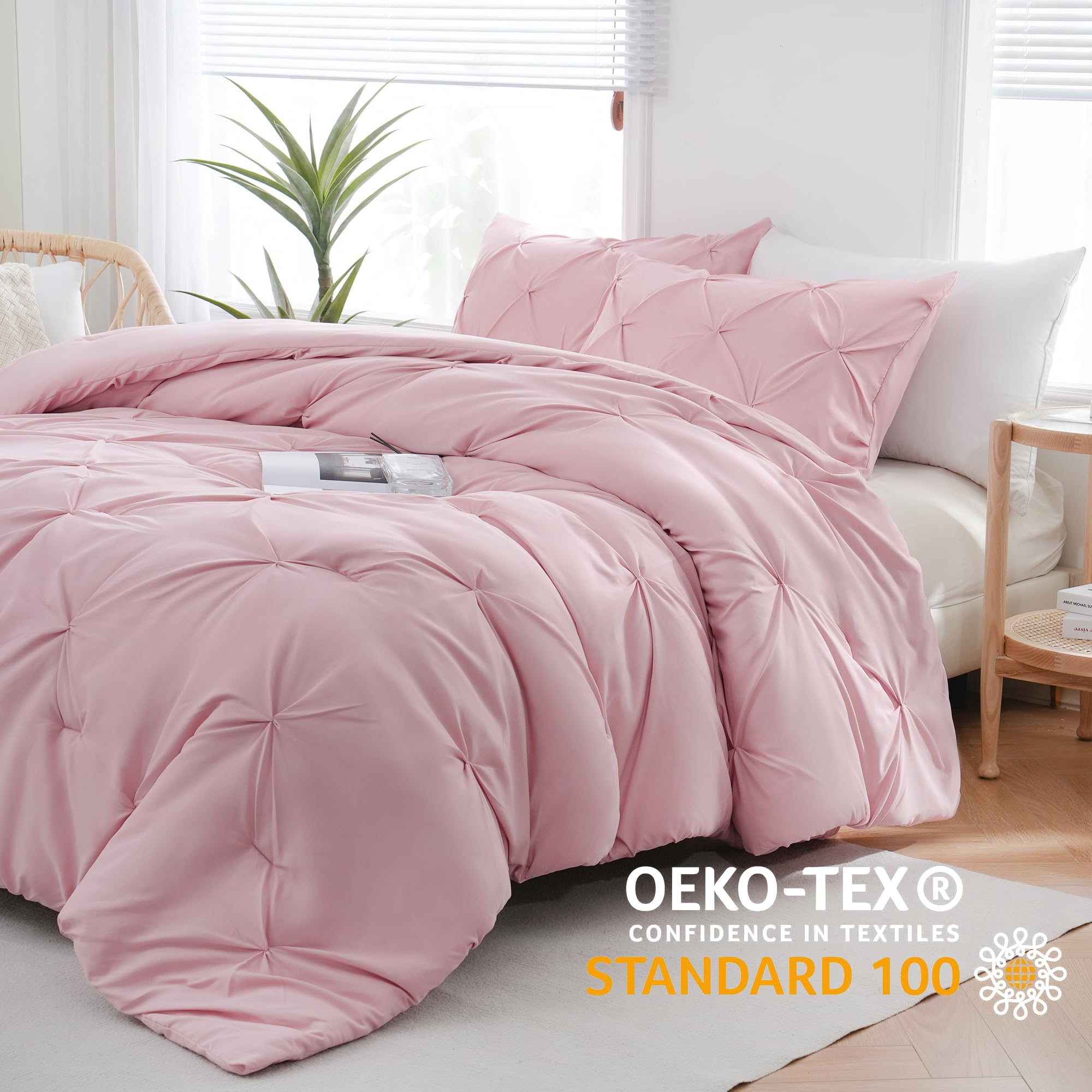 Downcool King Size Comforter Set - 3 Pieces Cute Pintuck Bedding Comforter Sets, Soft Fluffy Pink Comforter King Size, All Seaso