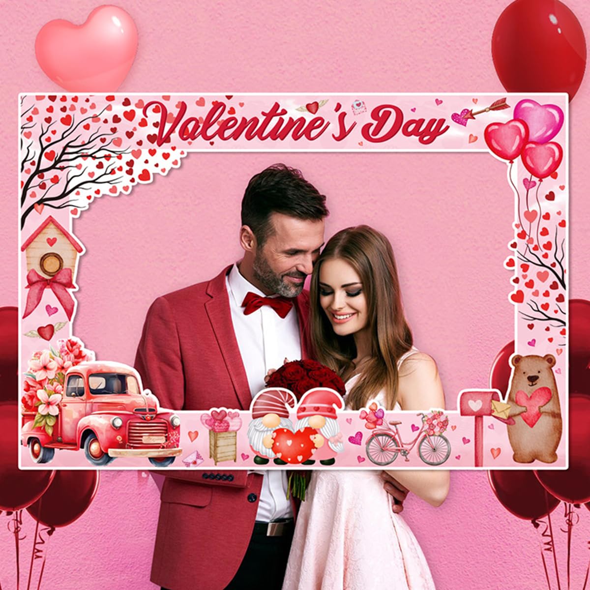 Valentine's Day Photo Booth Props Frame Pink Heart Valentine's Day Theme Selfie Photo Booth Picture Frame Photobooth Props for P