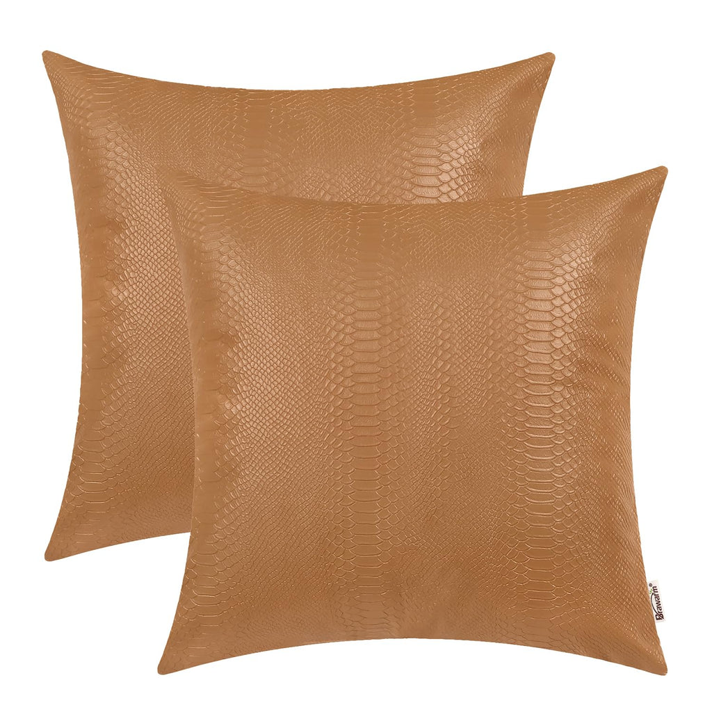 BRAWARM Tan Leather Throw Pillows 22 X 22 Inches, Snake Leather Pillow Covers Pack of 2, Faux Leather Decorative Pillow Covers f