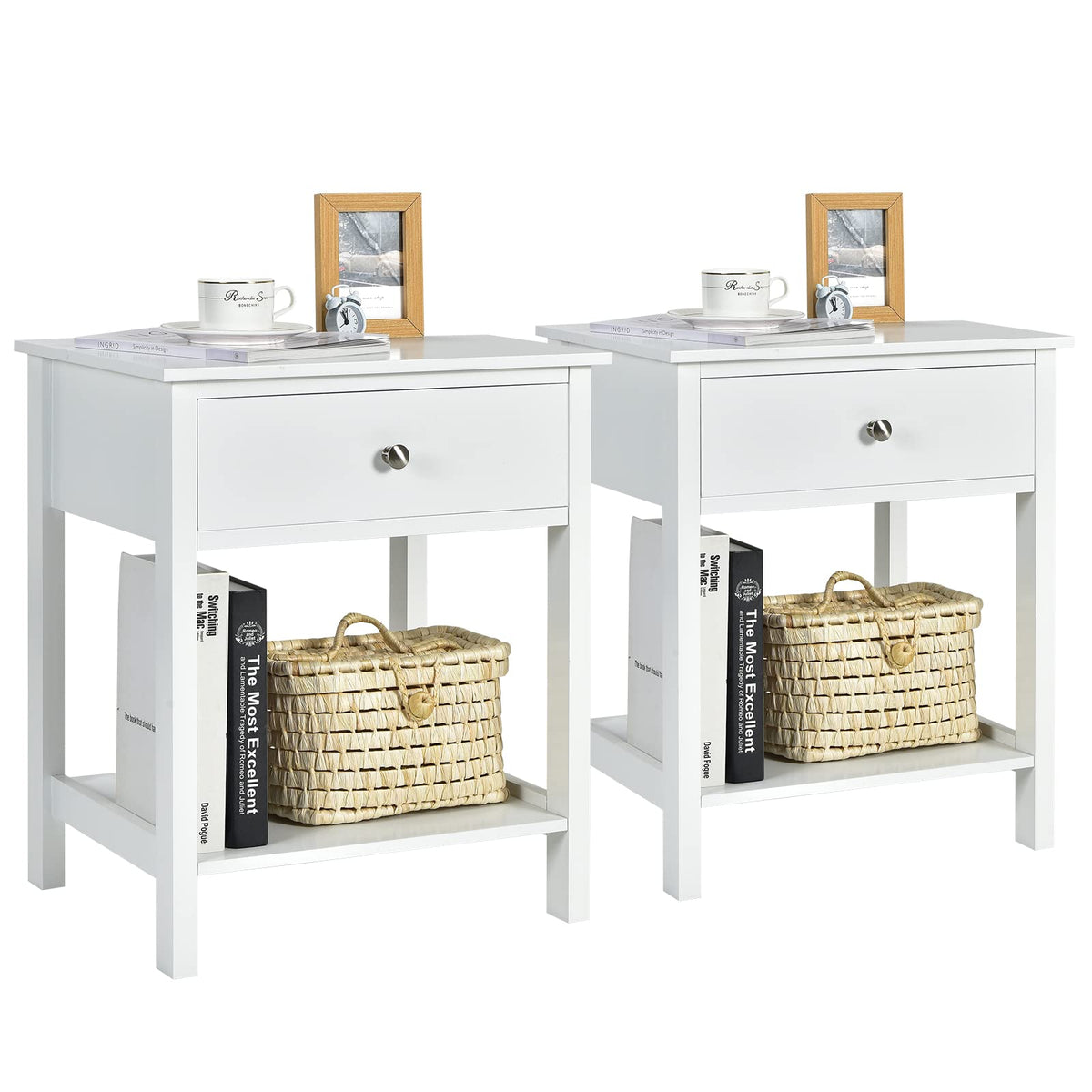 Giantex Nightstand Set Of 2, Wood End Table With Drawer And Open Shelf, Night Stand For Small Spaces, 2-Tier Bedside Table For Living Room Bedroom Dorm, Easy Assembly, White