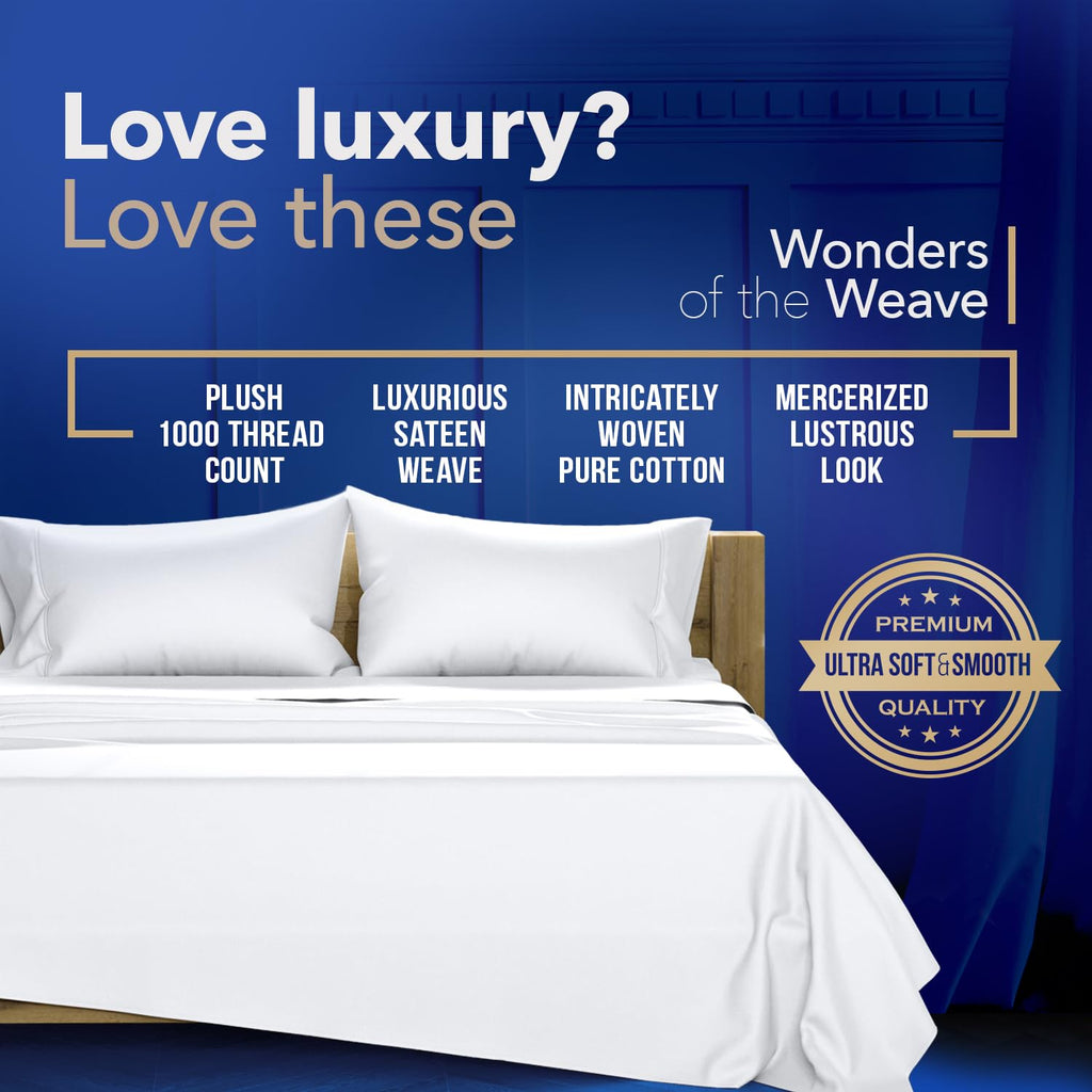 Texas Linen Co. Luxury Egyptian Cotton King White Pillow Cases Set Of 2-1000 Thread Count Pillowcases For Sleeping, Silky Soft,