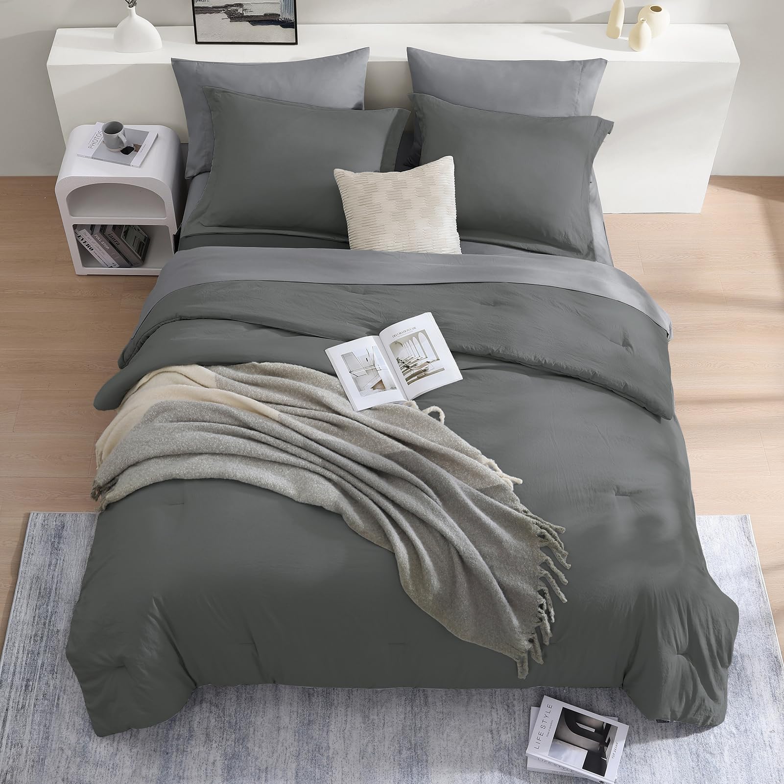 Wrensonge Charcoal Grey King Comforter Set, 7 Pieces Soft Microfiber King Size Comforter With Fitted Sheet, Flat Sheet, 2 Pillow