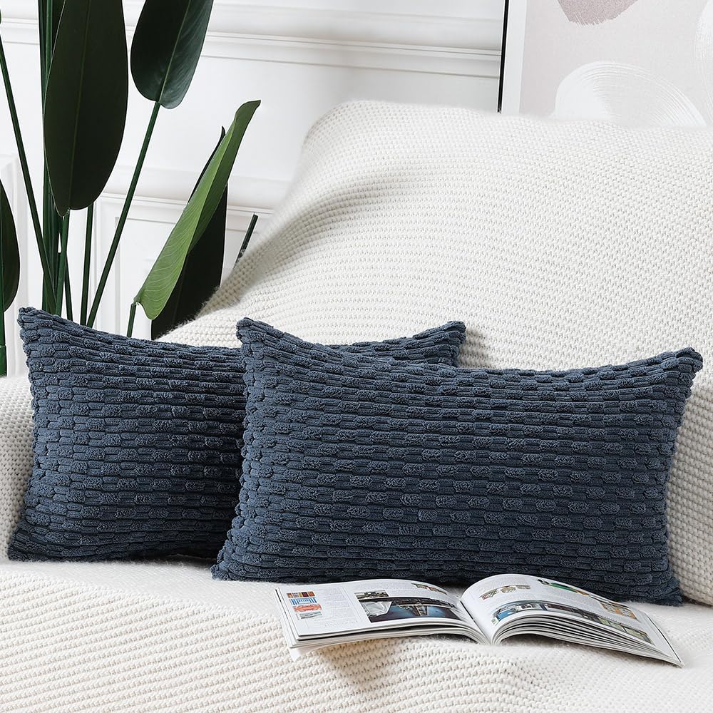 Madizz Pack Of 2 Boho Corduroy Striped Throw Pillow Covers 12X20 Inch Dark Blue Soft Decorative Cushion Cover For Bedroom Sofa P