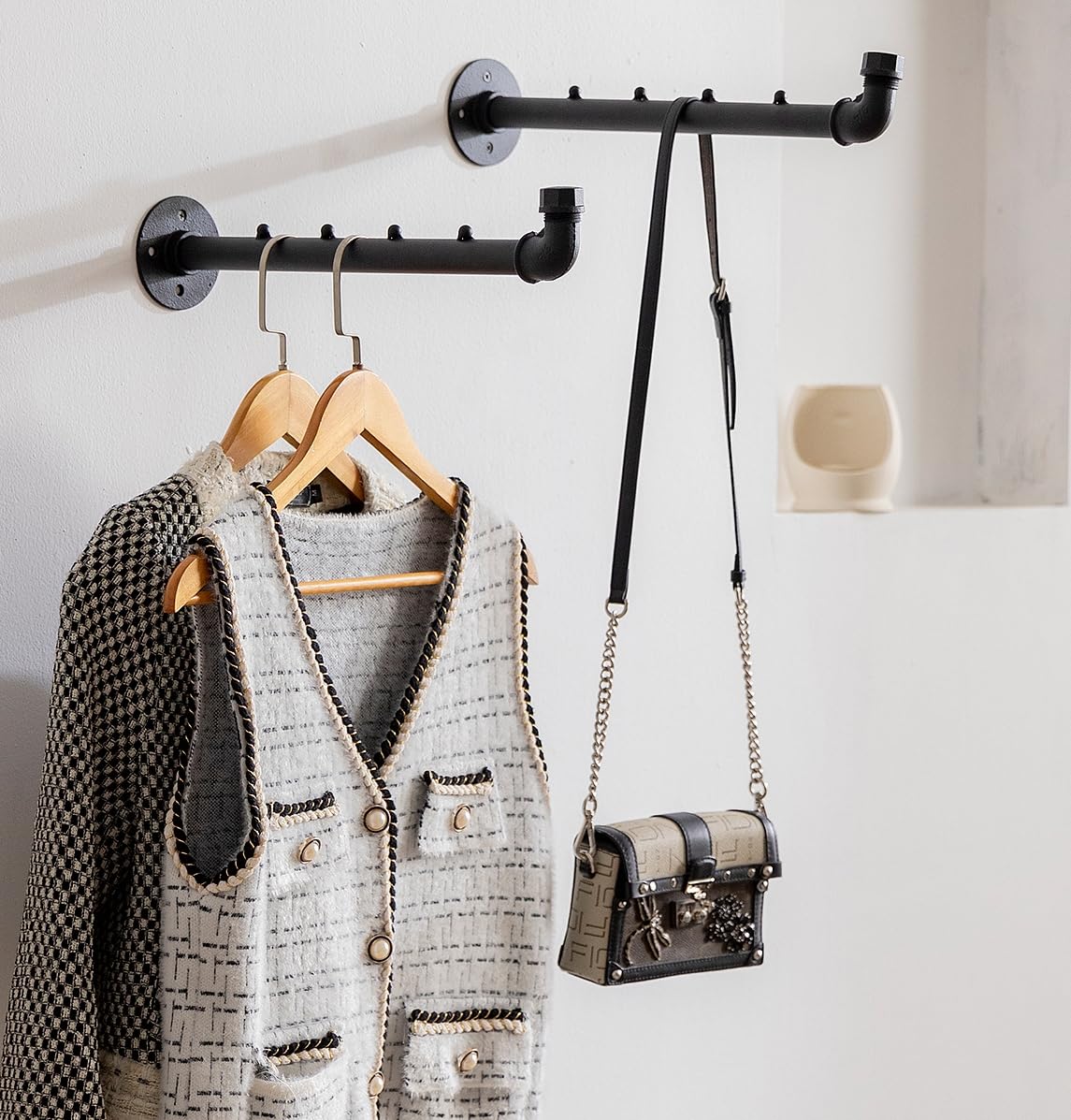 Industrial Wall Pipe Clothes Bar - Heavy Duty Metal Coat Hanger with Hook, Wall-Mounted Garment Holder Racks,Wall Clothing Racks