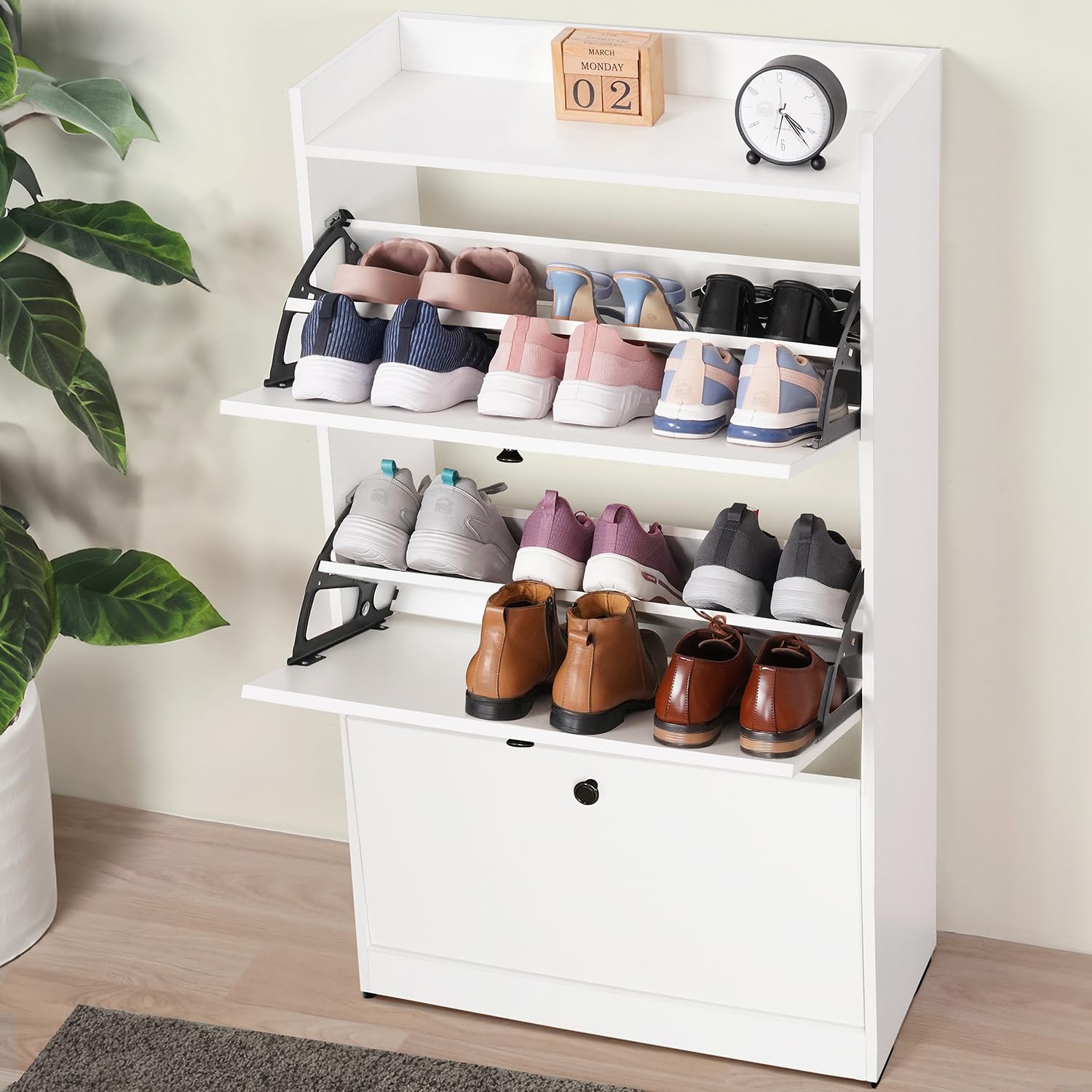 About Space Shoe Rack For Home  4.5 Ft 3 Tier Tilt Out Door Slim Shoe Cabinet | 1820 Pairs Vintage Slipper Stand With AntiTip