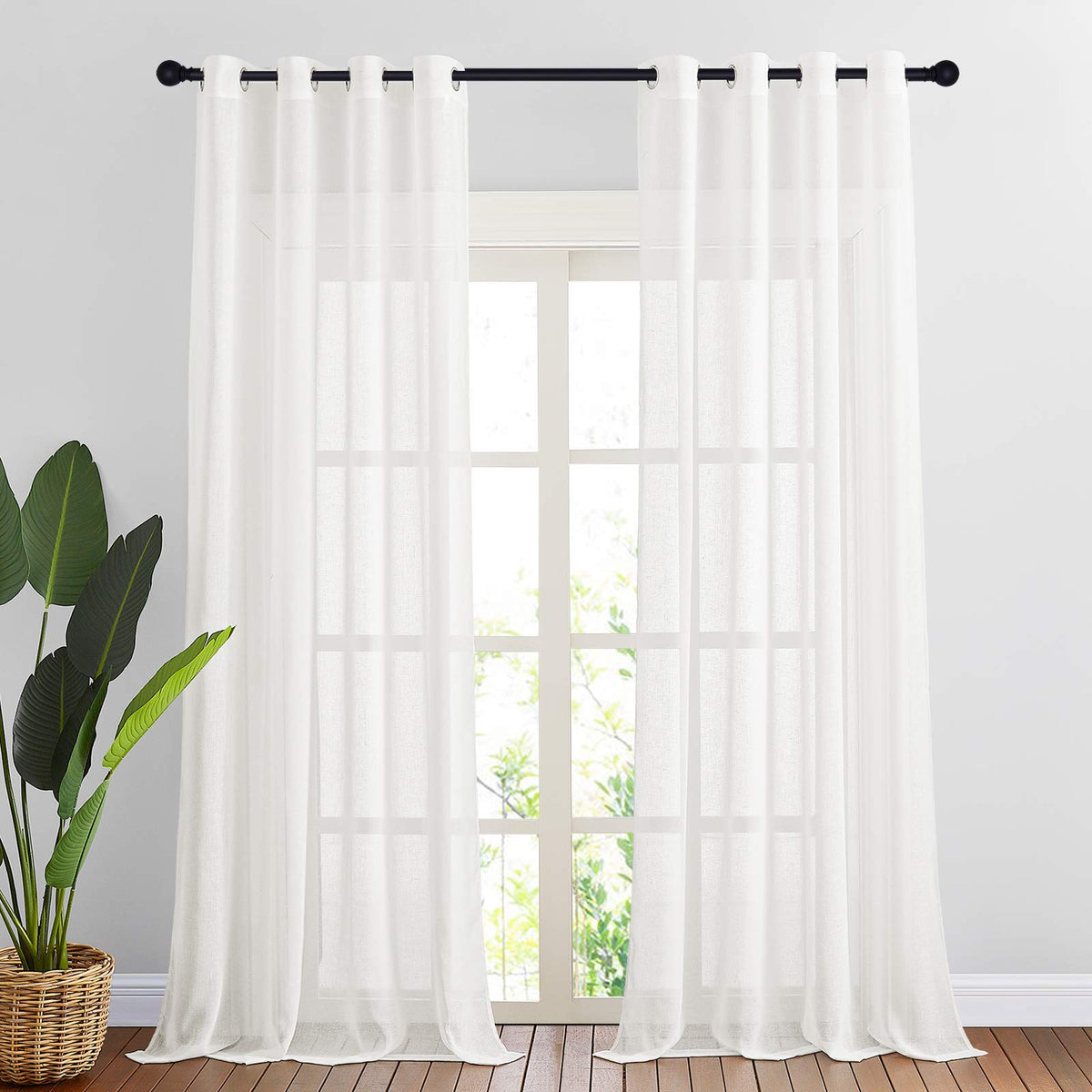 Nicetown Thick Linen Sheer Ivory Curtains For Privacy Protection, Grommet Rustic Flax Semi Sheer Window Drapes With Light Penetr