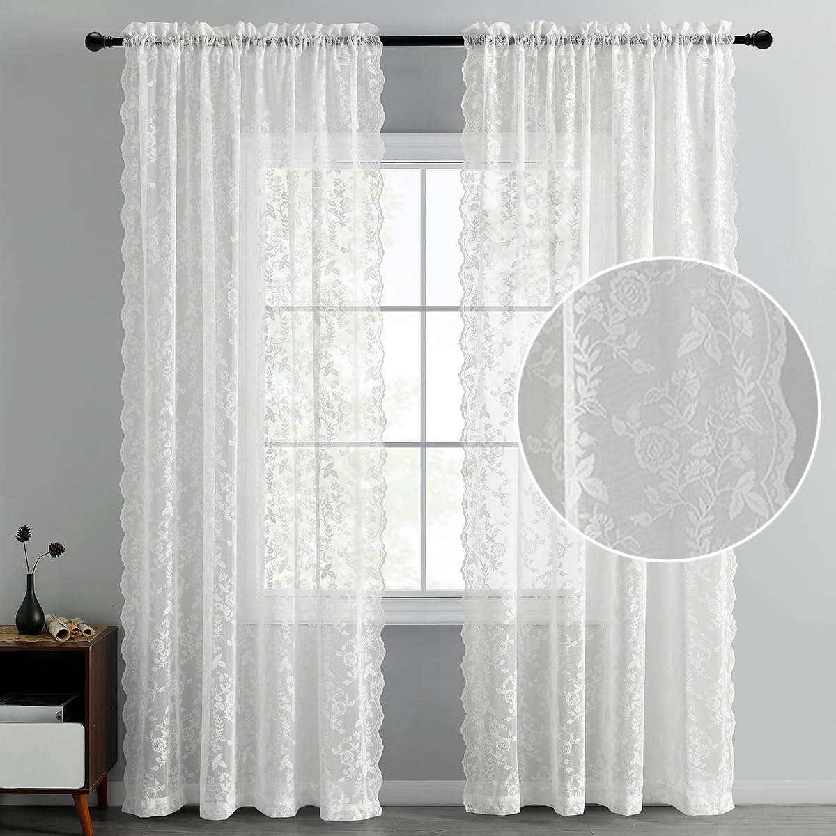 Finecity White Lace Curtains 54 Inch Length For Bedroom - Country Rustic Branch Floral Pattern Lace Sheer Curtains 2 Panels Set,