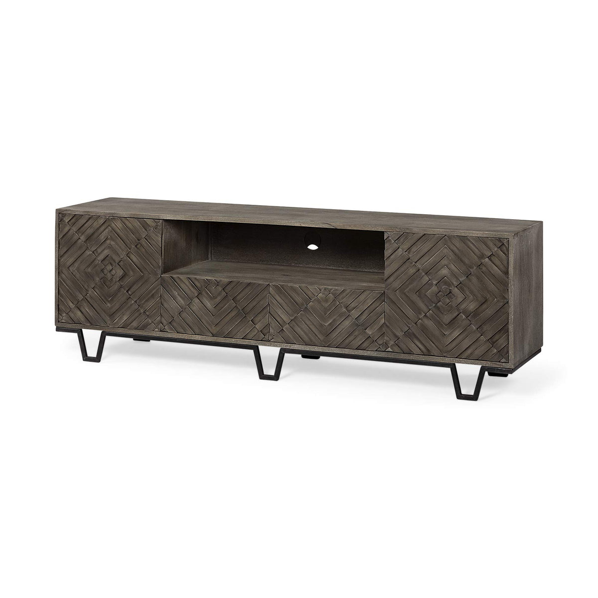 HomeRoots Medium Brown, Black Wood, Metal Medium Brown Wood TV Stand Media Console with 4 Doors and Small Media Shelf