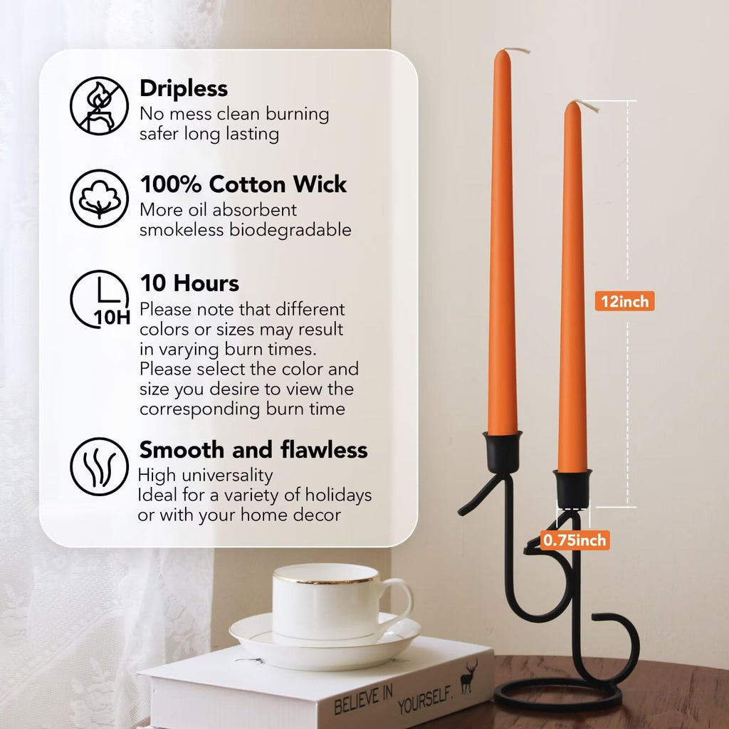 Pickood 12-Inch Tall Dripless Taper Candles Set Of 4 - Orange Tapered Candles, Perfect For Halloween,Fall - Smokeless, Unscented