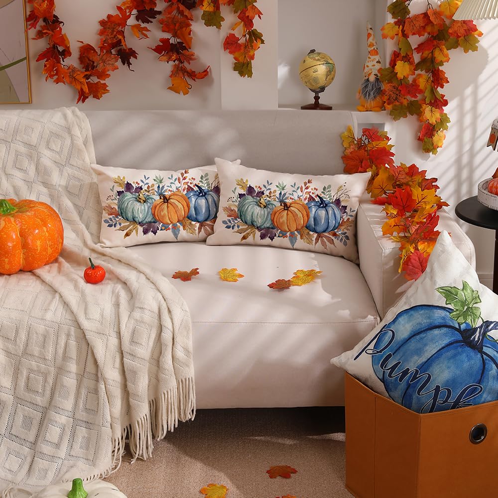 Dfxsz Fall Pillow Covers 12X20 Inch Fall Thanksgiving Orange Blue Green Pumpkin Maple Leaf Lumbar Pillow Covers Polyester Fall D
