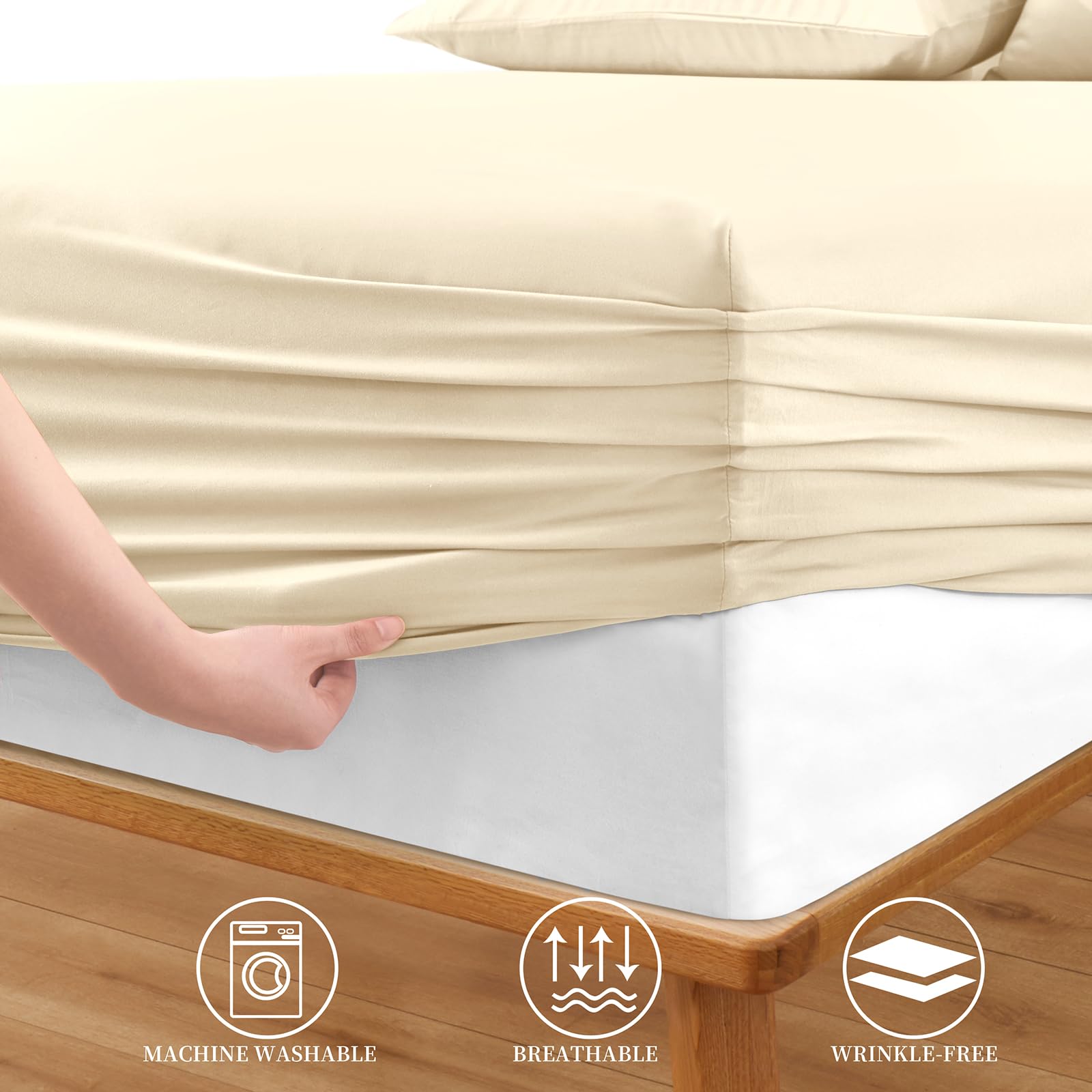 Horbaunal Extra Deep Pocket Queen Fitted Sheet Only - Fits Up To 24 Inch Mattress - Luxury 1800 Thread Count - Microfiber Cream