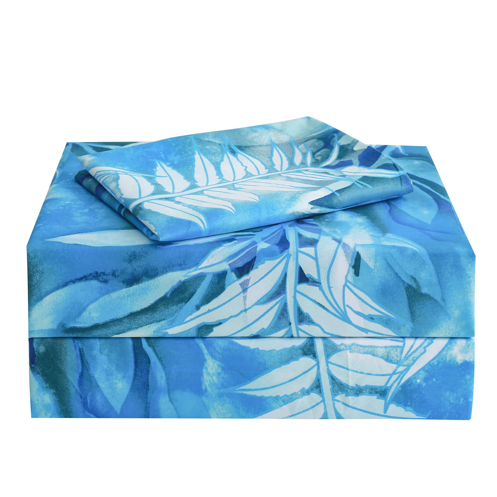 Jsd Teal Blue Tropical Leaves Sheet Set Twin Size, 3 Piece Printed Microfiber Sheets Extra Deep Pocket Wrinkle Free