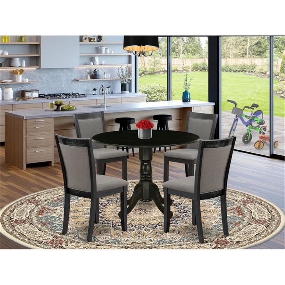 East West Furniture DLMZ5-AB6-50 5 Piece Dining Room Furniture Set Includes a Round Dining Table with Dropleaf and 4 Dark Gotham Grey Linen Fabric Parson Chairs, 42x42 Inch, Wirebrushed Black