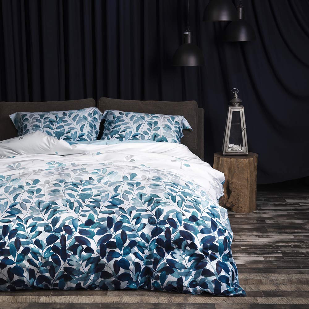 Mildly 100% Egyptian Cotton Duvet Cover Set Gradient Blue Leaves Printed Comforter Cover Set Farmhouse Plant Reversible Baby Blu