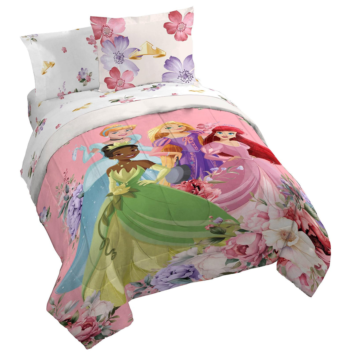 Jay Franco Disney Princess Queen Size Comforter Set - 7 Piece Bedding Includes Sheet Set & Pillow Covers - Super Soft Cozy Flora
