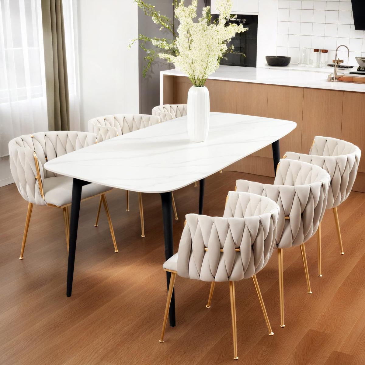 Ivoros Velvet Dining Chairs Set Of 6, Accent Chairs With Gold Metal Legs, Woven Upholstered Dining Chairs For Living Room/Bedroo