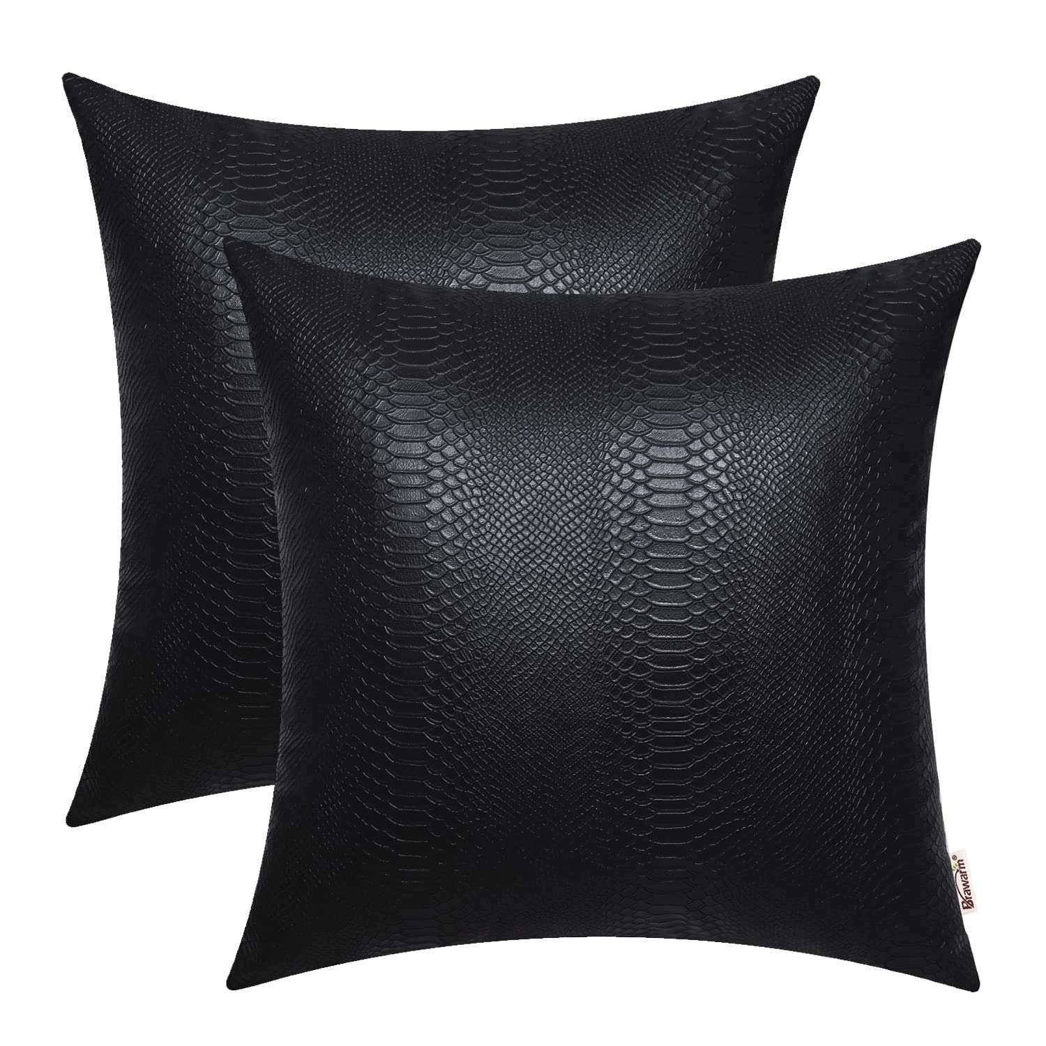 BRAWARM Black Leather Throw Pillows 16 X 16 Inches, Snake Leather Pillow Covers Pack of 2, Faux Leather Decorative Pillow Covers
