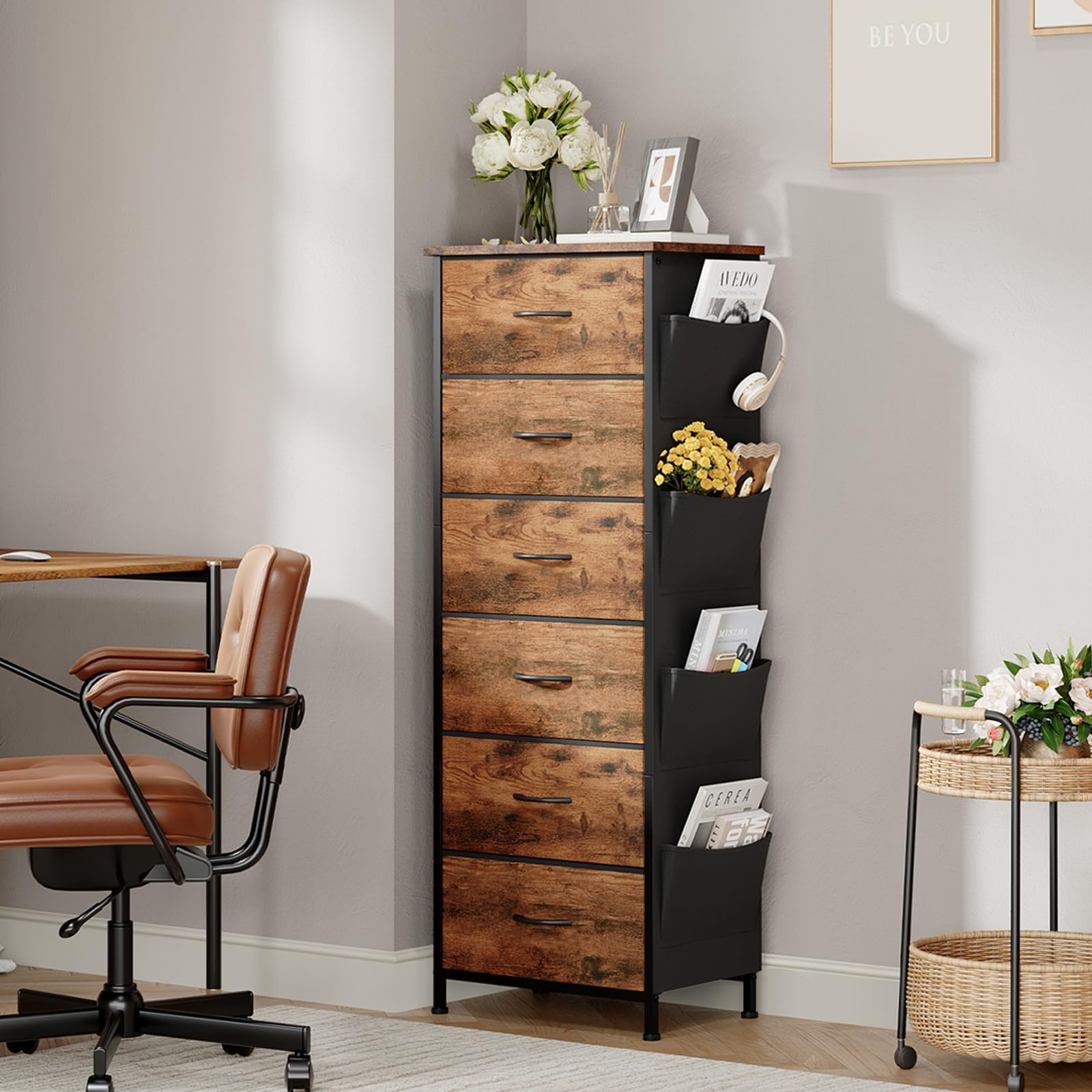 Somdot Tall Dresser For Bedroom With 6 Drawers And Side Pockets, Storage Organizer Chest Of Drawers With Fabric Bins For Closet Bedside Nursery Living Room Entryway Hallway, Wood Grain Print