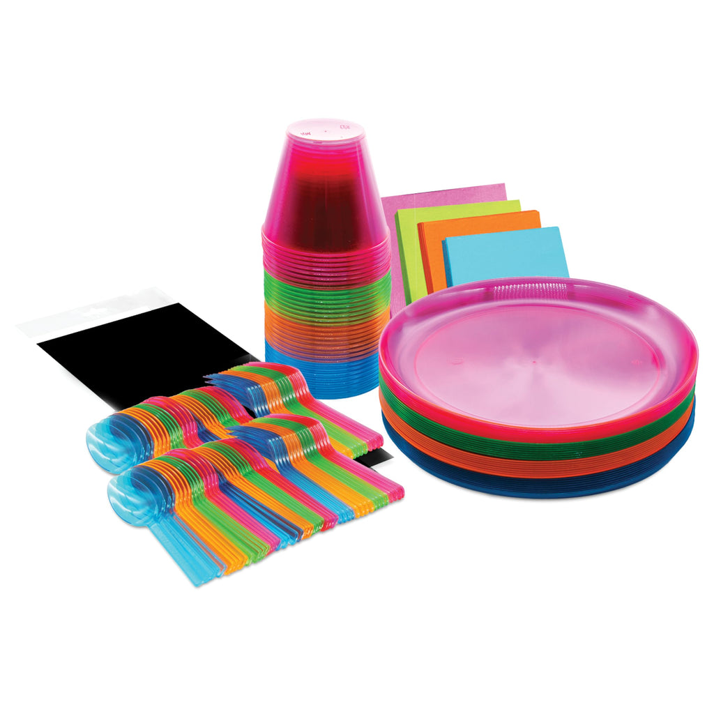 Party Essentials Disposable Plastic Glow-in-the-Dark Party Supplies Dinnerware Decorations, Plate/Cup/Cutlery/Tablecover, 193 Pc