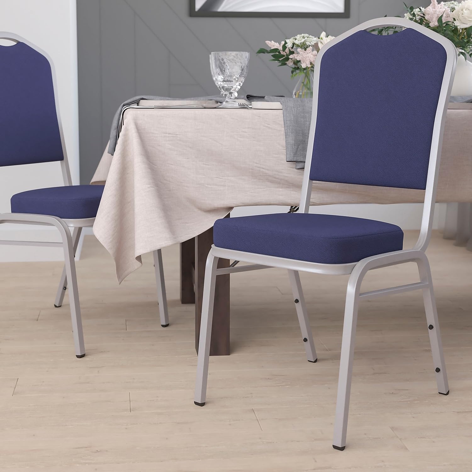 Flash Furniture HERCULES Series Crown Back Stacking Banquet Chair in Navy Fabric - Silver Frame