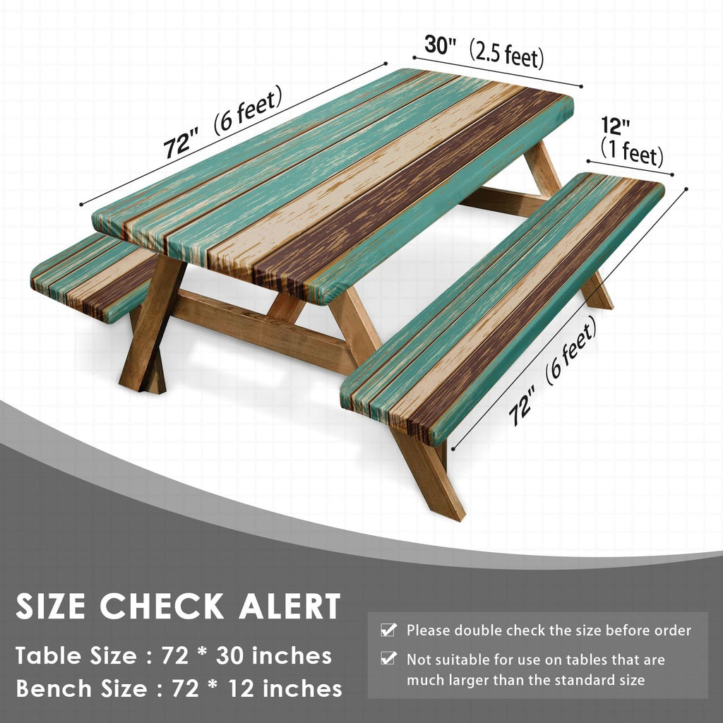 Nesphy Teal Brown Wooden Picnic Table Cover With Bench Covers, Vintage Retro Wood Board Outdoor Camping Essentials 6Ft 3Pcs Fitt