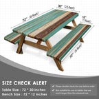 Nesphy Teal Brown Wooden Picnic Table Cover With Bench Covers, Vintage Retro Wood Board Outdoor Camping Essentials 6Ft 3Pcs Fitt