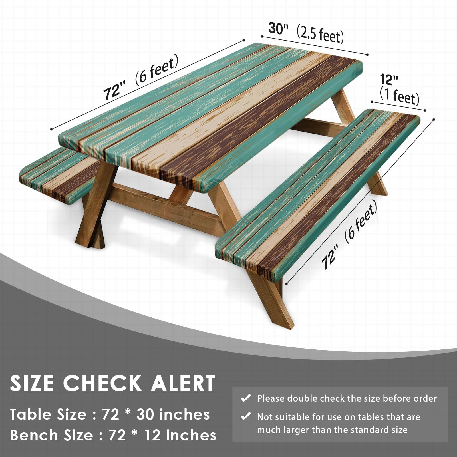 Nesphy Teal Brown Wooden Picnic Table Cover With Bench Covers, Vintage Retro Wood Board Outdoor Camping Essentials 6Ft 3Pcs Fitt