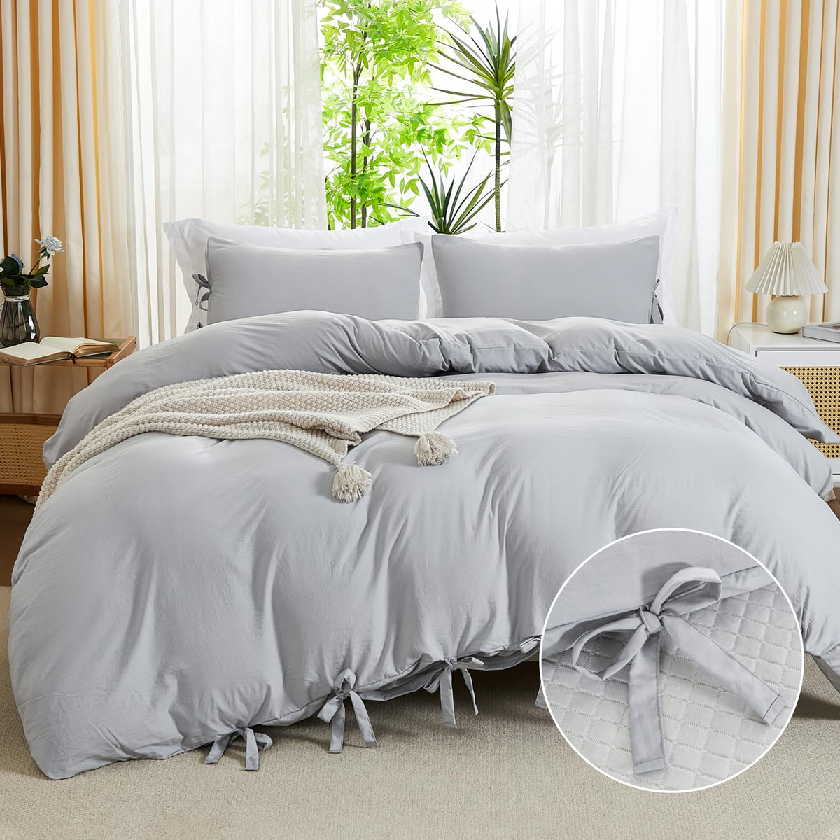 annadaif Light Grey Duvet King(104x90 Inch), 3 Pieces (1 Duvet Cover, 2 Pillowcases) Soft Washed Microfiber Bow tie Bowknot Duve