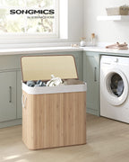 Songmics Laundry Hamper, 39.6 Gallons (150L), 3-Section Laundry Basket, Laundry Hamper With Lid, Bamboo, Foldable, Removable And