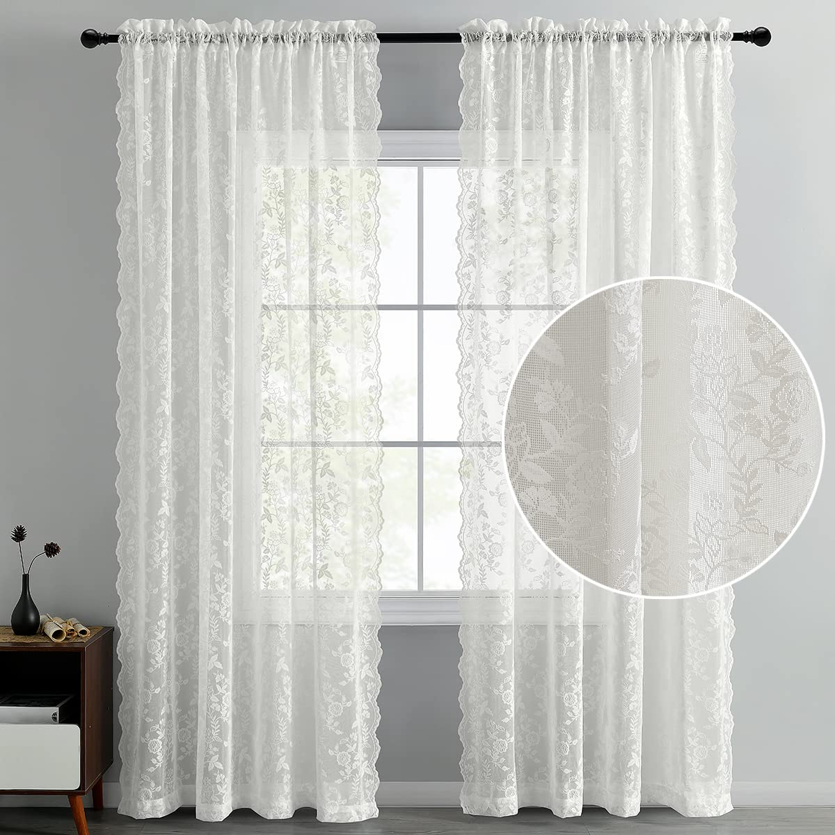 Finecity Short Lace Curtains 54 Inch Length - Country Rustic Branch Floral Pattern Lace Sheer Curtains 2 Panels Set, Privacy Sca