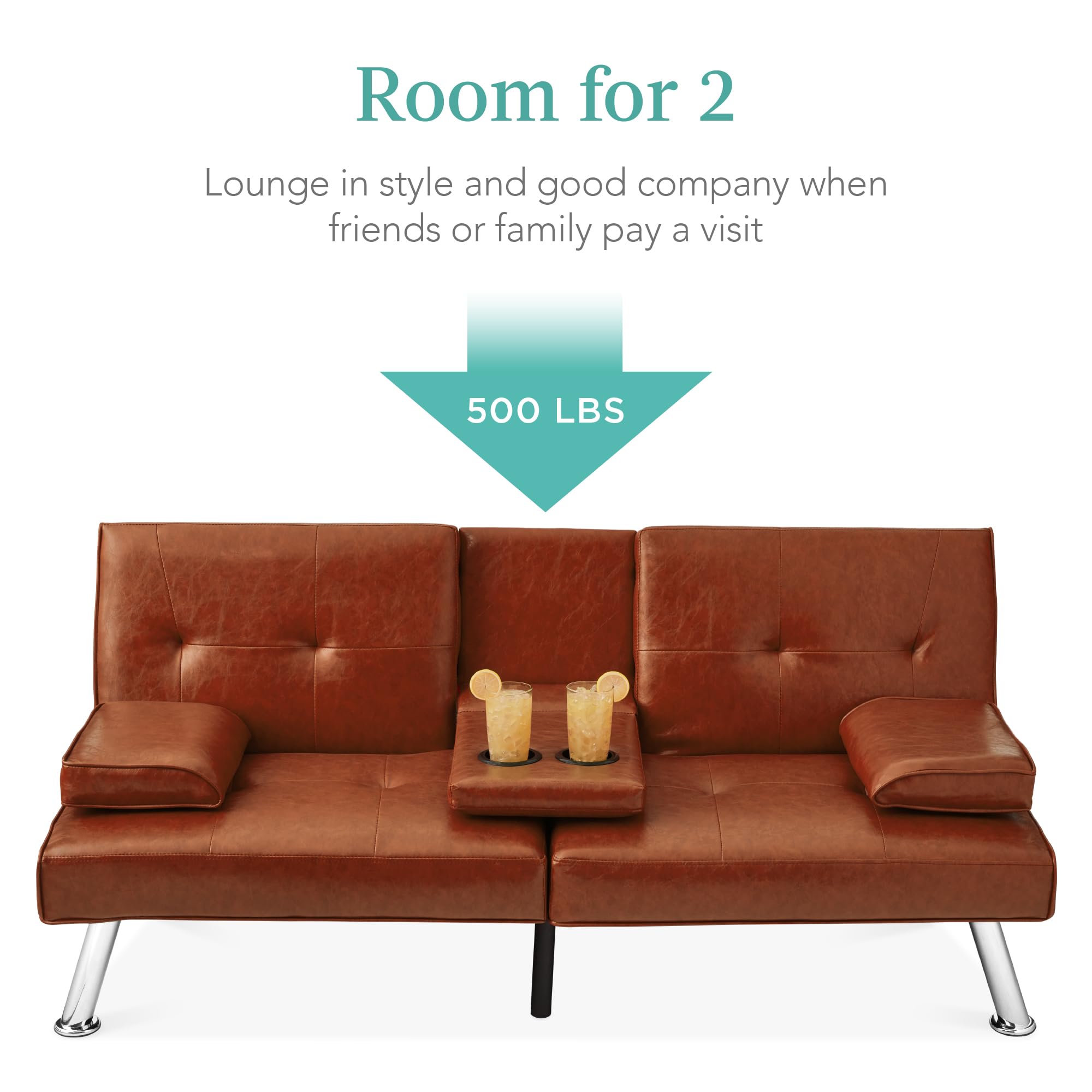 Best Choice Products Faux Leather Upholstered Modern Convertible Futon, Adjustable Folding Sofa Bed, Guest Bed W/Removable Armrests - Medium Brown