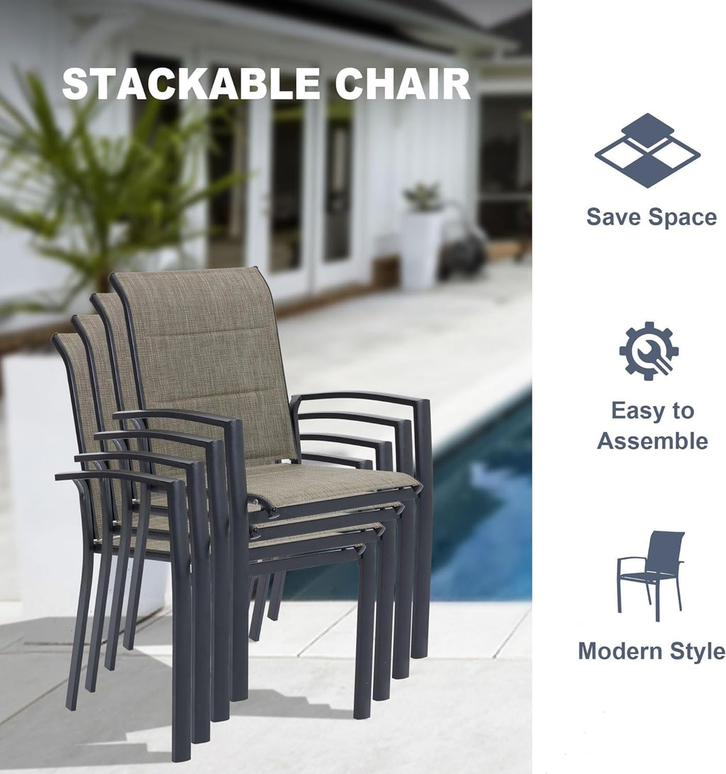 Vicllax Patio 7 Pieces Outdoor Dining Set, 59' Outdoor Dining Table With Umbrella Hole And 6 Stackable Cotton-Padded Textilene Chairs For Garden, Porch, Black Frame