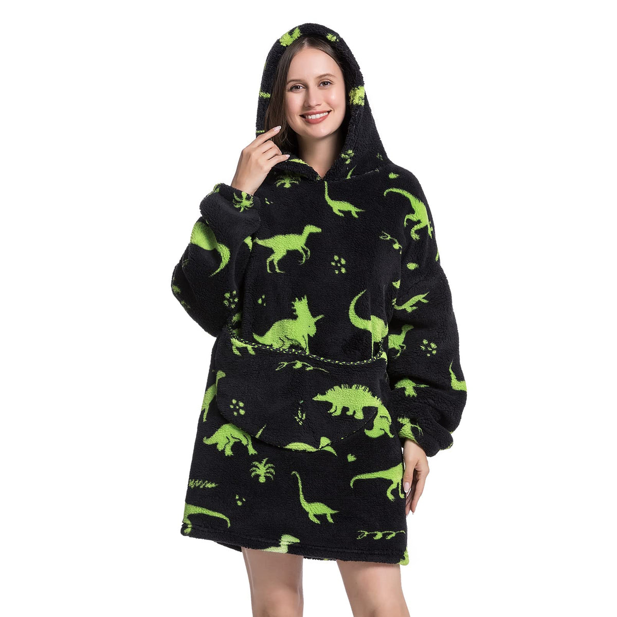 Deserthome Wearable Blanket Hoodie Oversized Hooded Blanket For Adult Women Super Soft Comfortable Warm Flannel Green Dinosaur