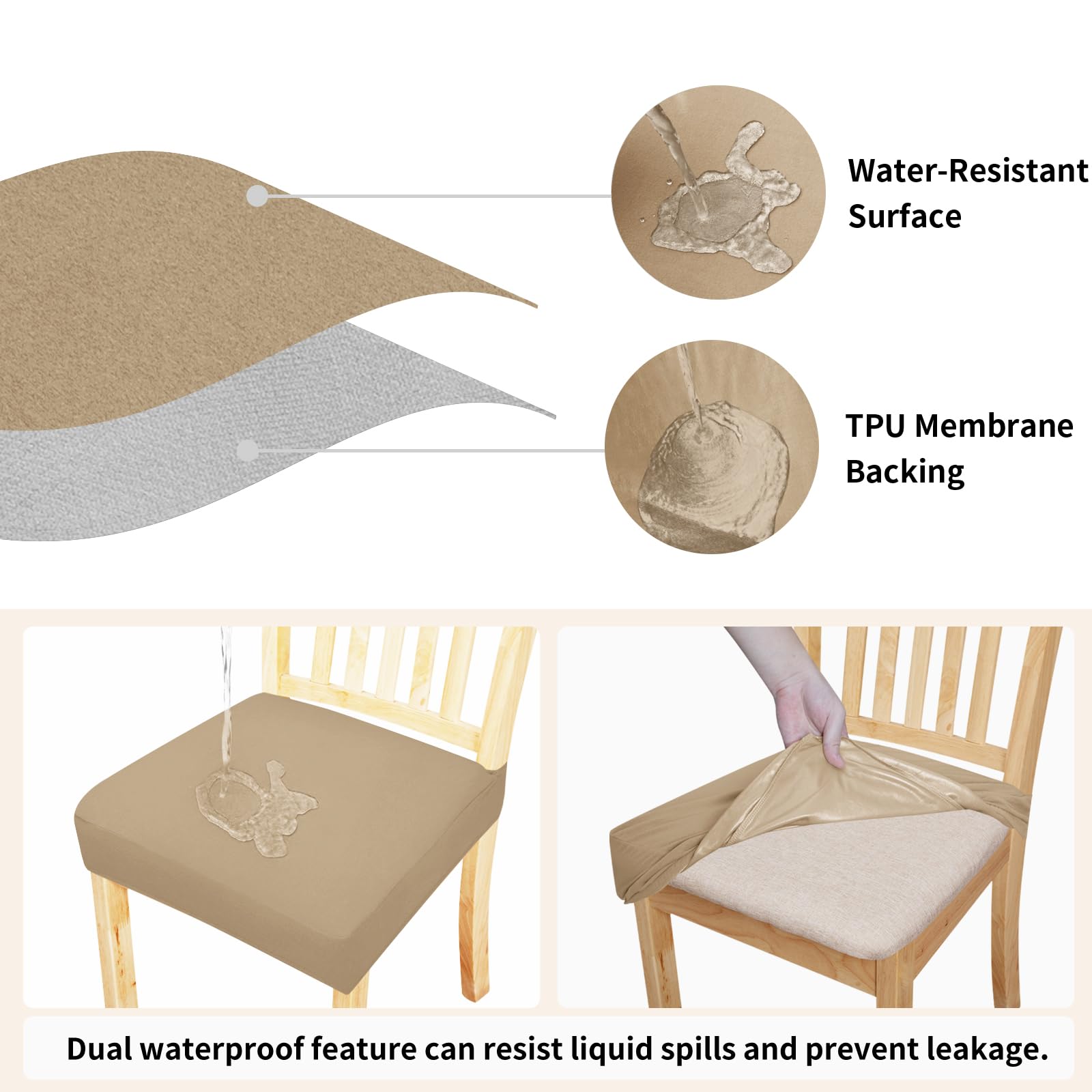 Easy-Going 100% Waterproof Seat Covers For Dining Room Chairs Set Of 4, Stretch Chair Seat Slipcovers Protector Removable And Washable Kitchen Dining Chair Covers, Khaki
