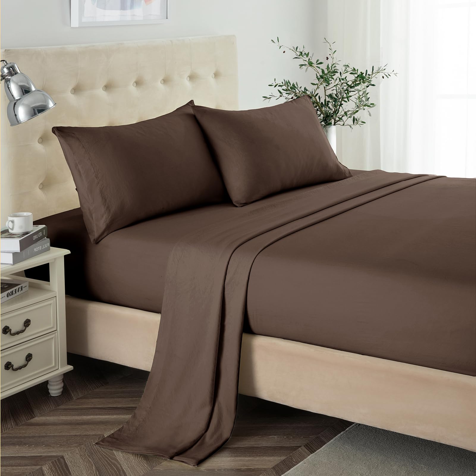 Lanest Housing King Sheet Set, 2400 Thread Count Soft Deep Pocket Microfiber Sheets, 4 Pieces Brown Bedding Sheets & Pillowcases