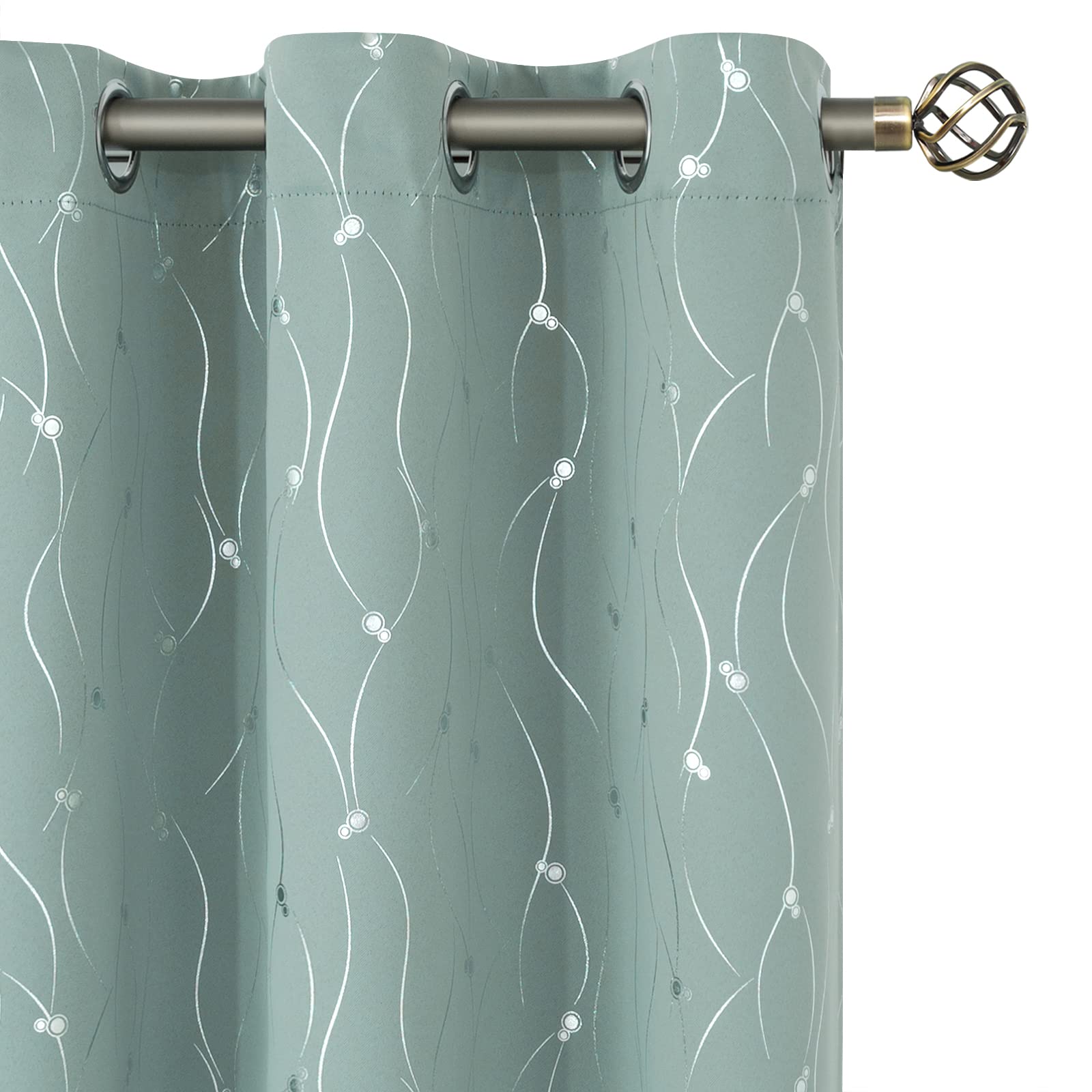 Bgment Room Darkening Curtains 63 Inches Long, Grommet Thermal Insulated Blackout Curtains With Wave Line And Dots Printed For Bedroom, 2 Panels, Each 38 X 63 Inch, Frosty Green