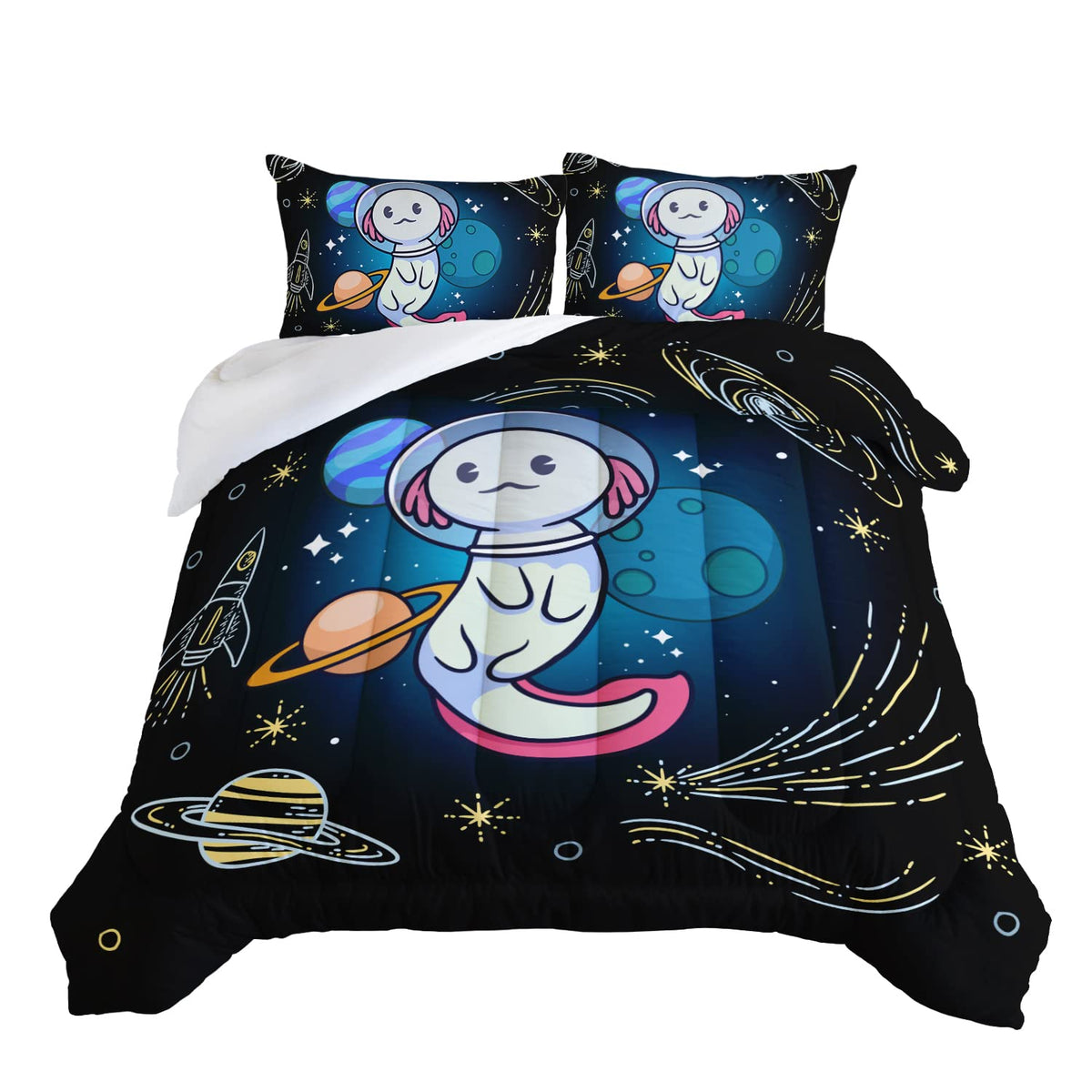 Hosima Axolotl Bedding Set For Kids Bedroom Decor,Space Cartoon Axolotl Pattern Kawaii Bedding Set,Wildlife Animals Reptile Todd