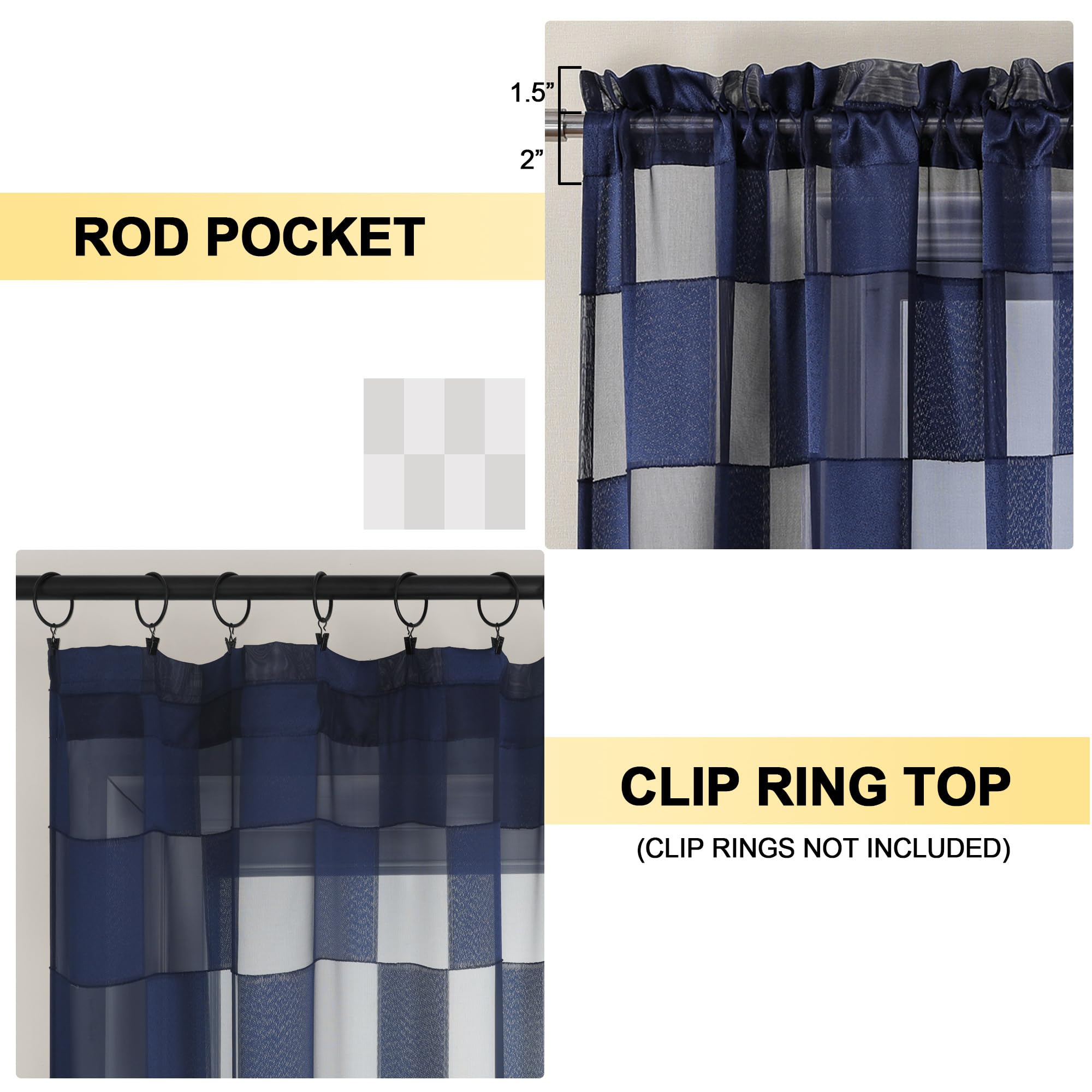 Ovzme Barry Navy Blue Curtains 54 Inches Long 2 Panels - Privacy Soft Checkered Light Filtering Sheer Drapes, Clip Textured Semi