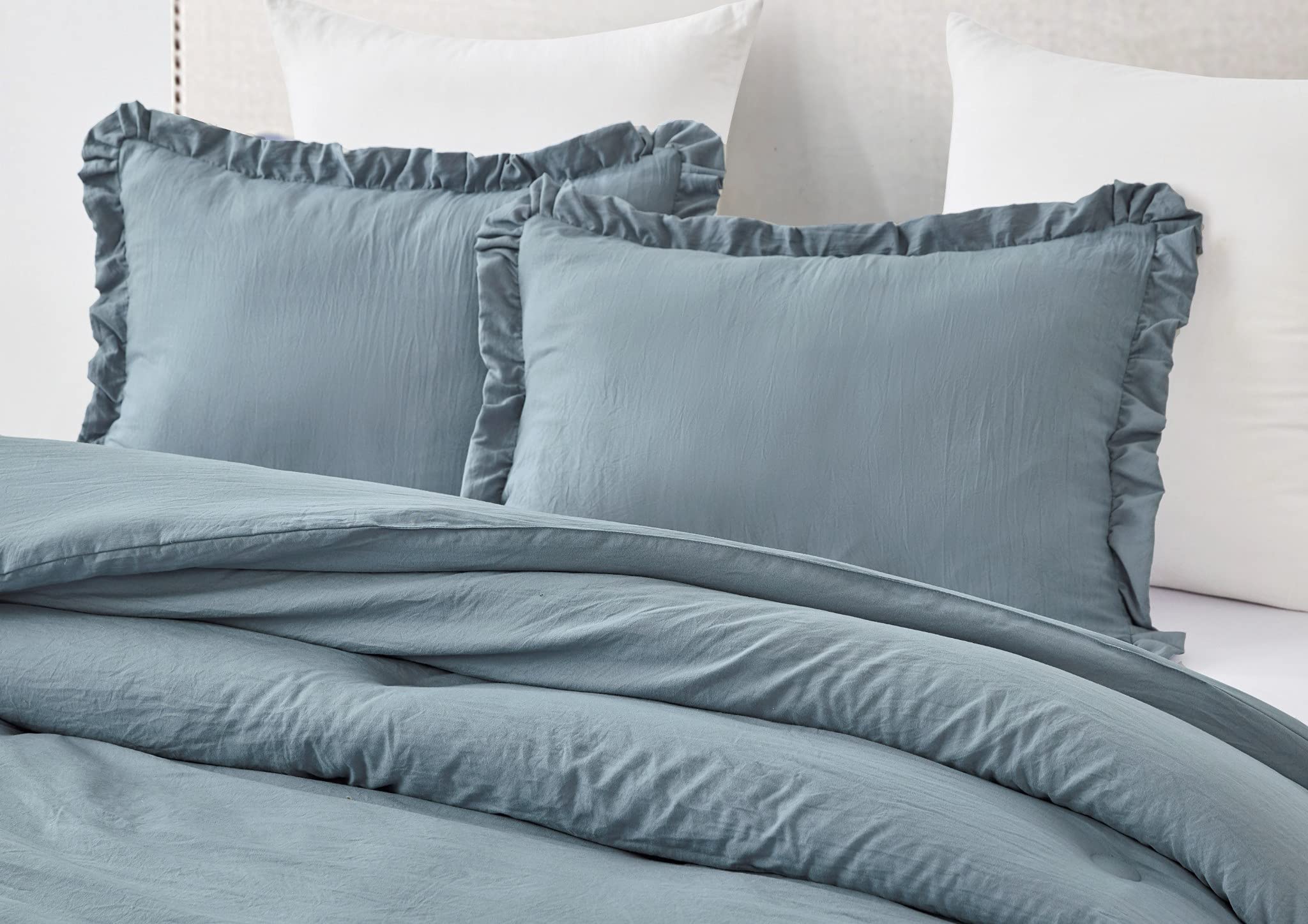 Chezmoi Collection Nora 2-Piece Ruffled Edge Trim Soft Washed Microfiber Comforter Set (Twin, Dusty Blue)