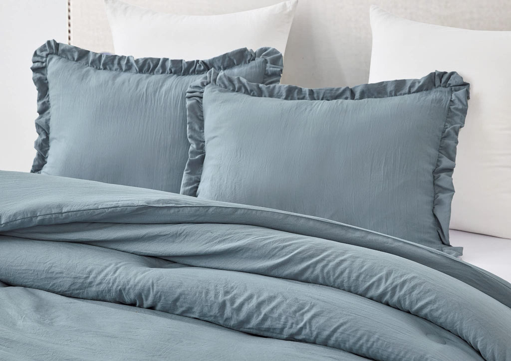 Chezmoi Collection Nora 3-Piece Ruffled Edge Trim Soft Washed Microfiber Comforter Set (Queen, Dusty Blue)