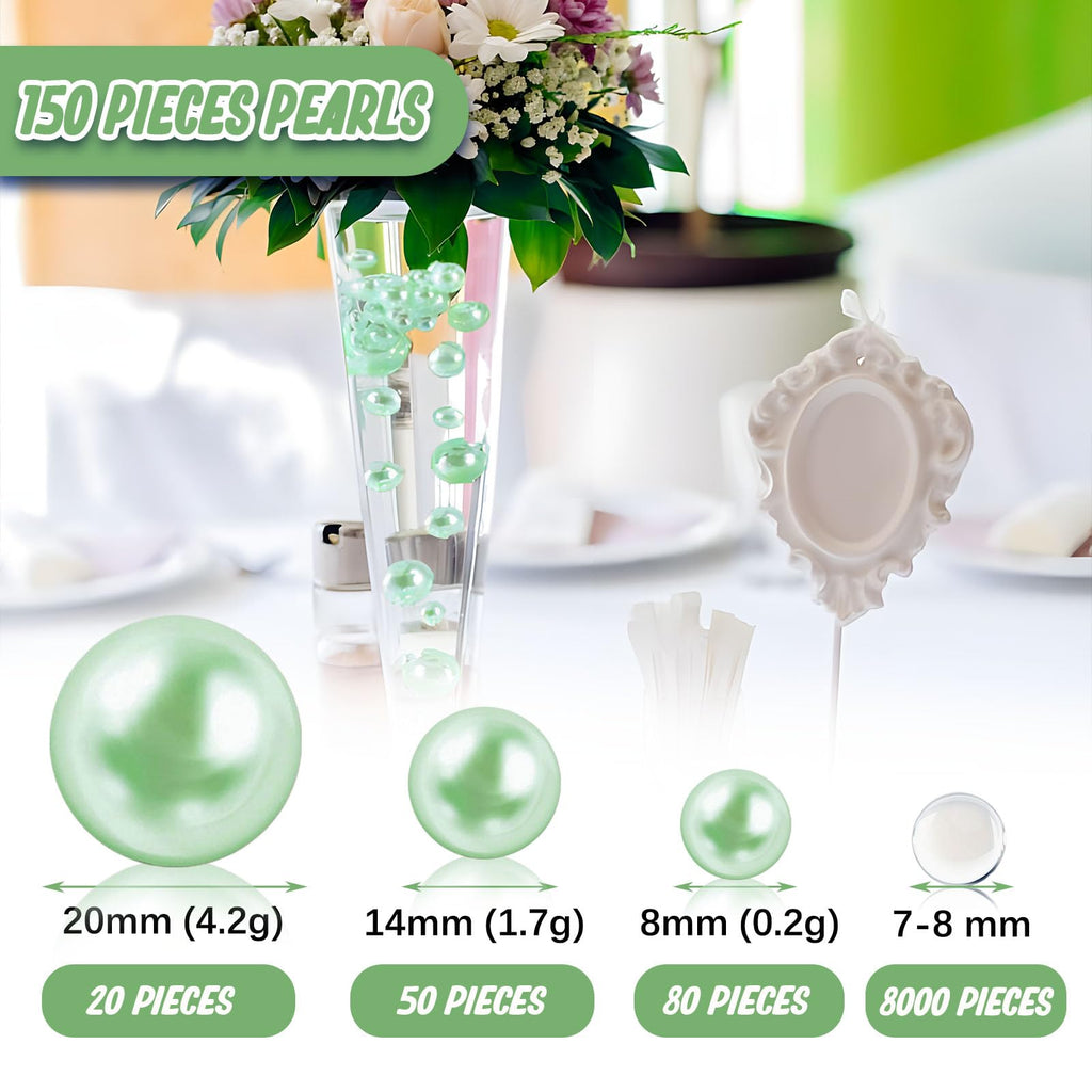 Green Floating Pearls | 150Pcs Green Pearls Bead For Centerpieces Vases, No Hole Green Beads | 8/14/20 Mm Green Floating Beads |