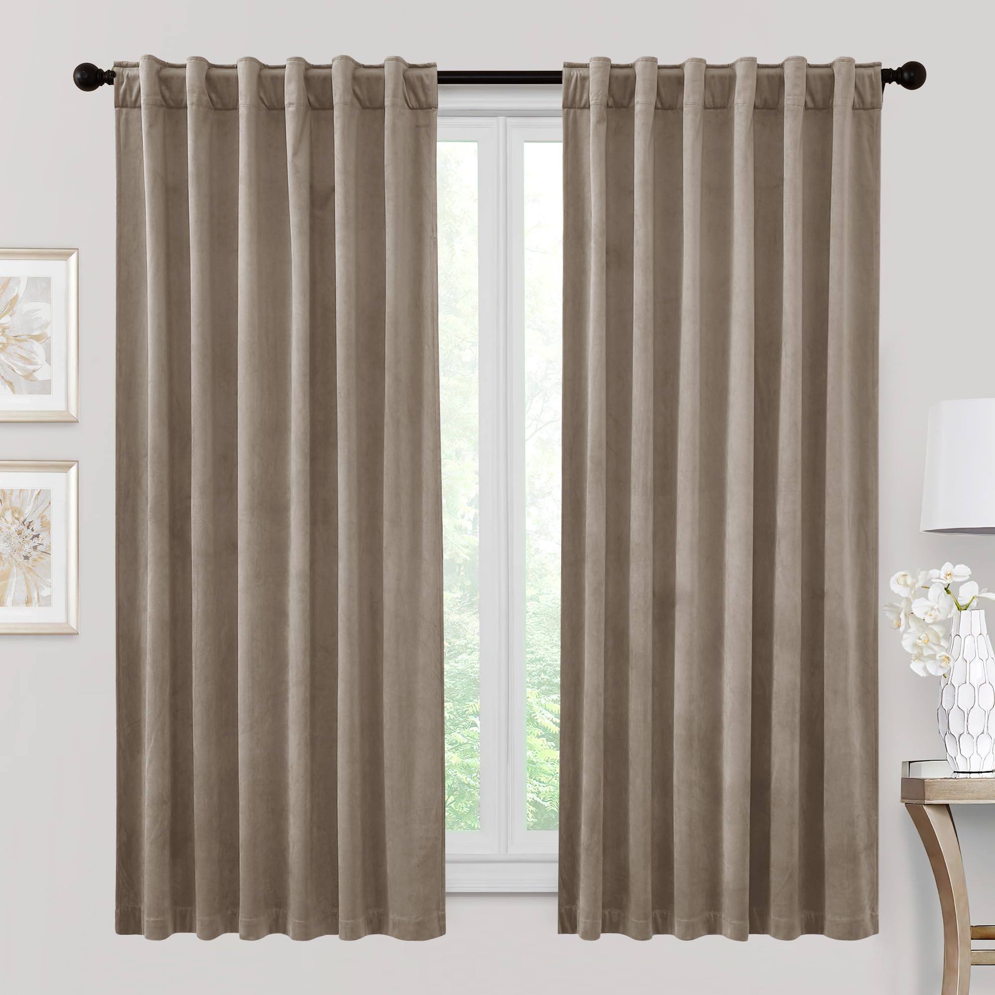 Ryb Home 72 Inches Velvet Curtains For Farmhouse - Earth Tone Privacy Blackout Energy Efficient Window Treatment For Home Office Closet Cover, W52 X L72 Inches, Taupe, 2 Pieces
